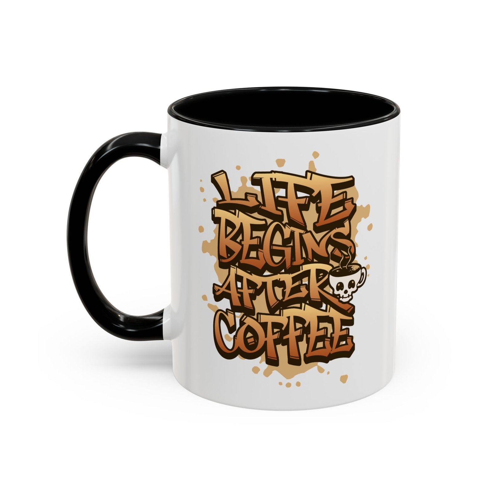 Life Begins After Coffee mug, white with black handle and inside
