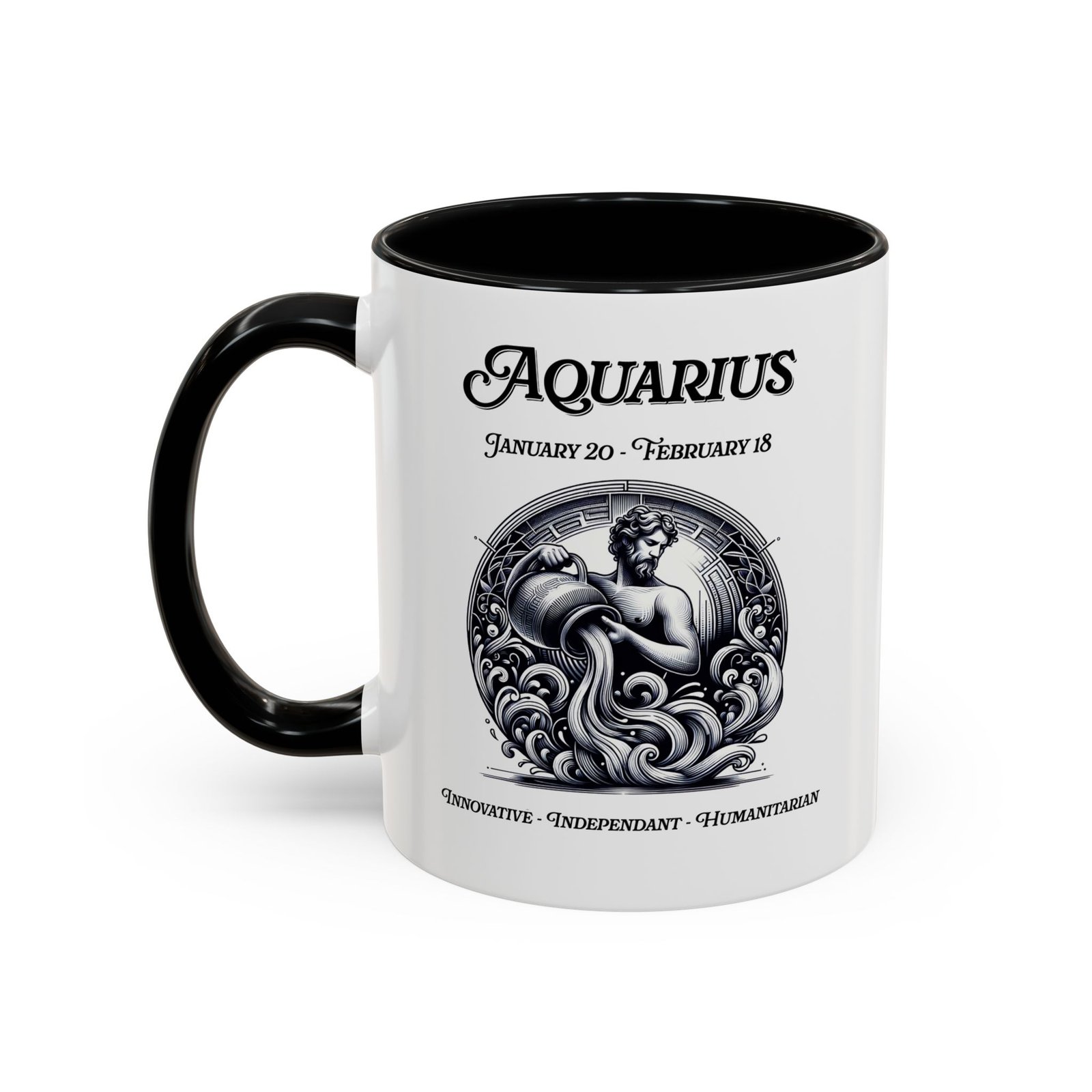 White with black handle and inside mug with Aquarius water bearer zodiac illustration