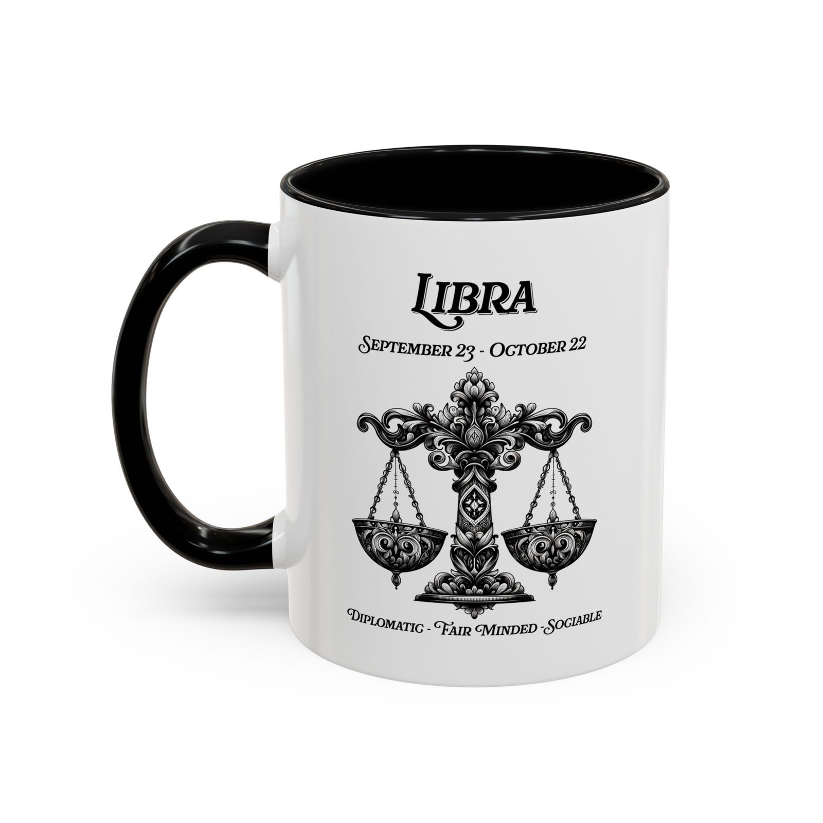White with black handle and inside mug with Libra scales zodiac illustration