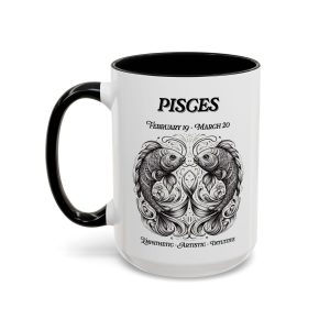 Pisces zodiac sign coffee mug, white with black handle and inside