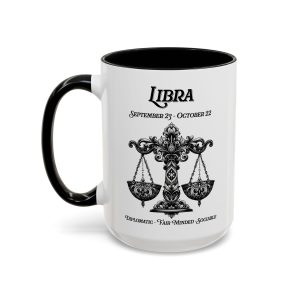 Libra zodiac sign coffee mug, white with black handle and inside