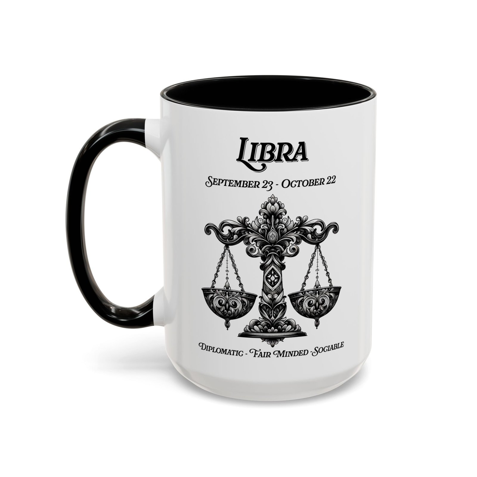 Libra zodiac sign coffee mug, white with black handle and inside