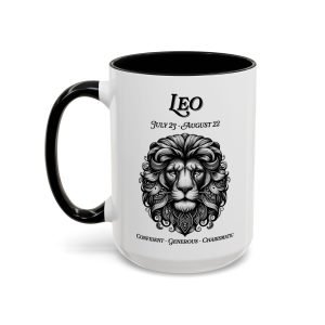 Leo zodiac sign coffee mug, white with black handle and inside