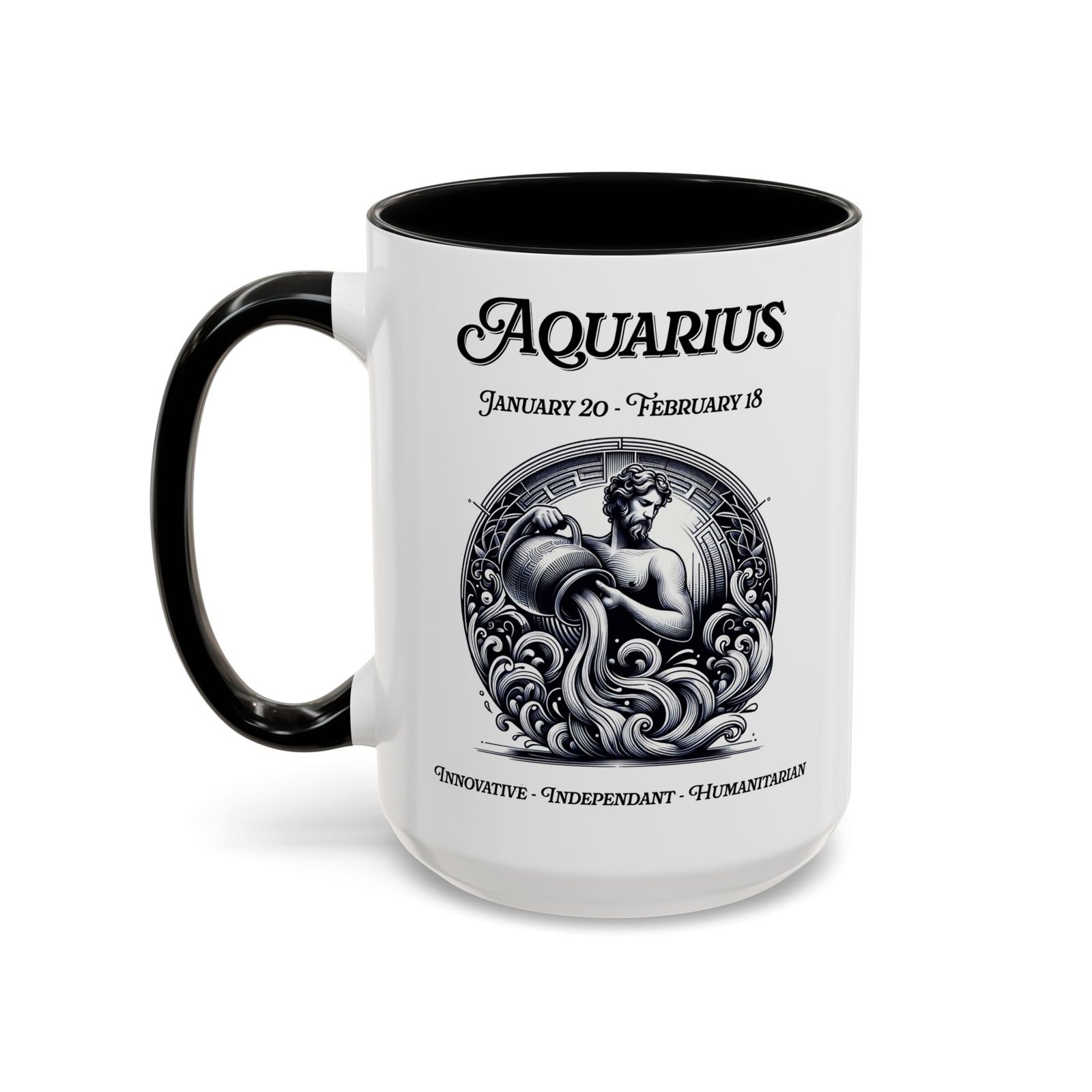 Aquarius zodiac sign coffee mug, white with black handle and inside