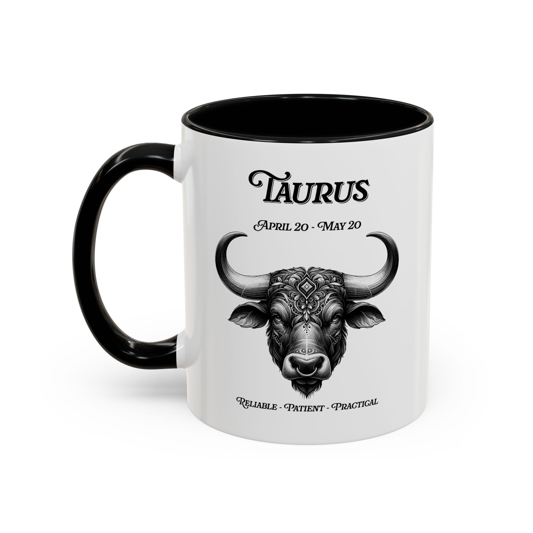 White with black handle and inside mug with Taurus bull zodiac illustration