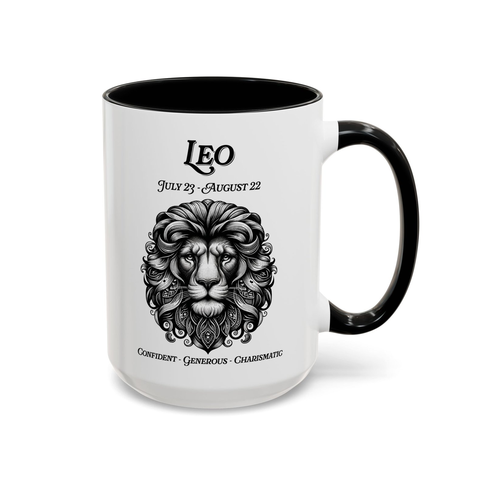 Leo zodiac sign coffee mug, white with black handle and inside