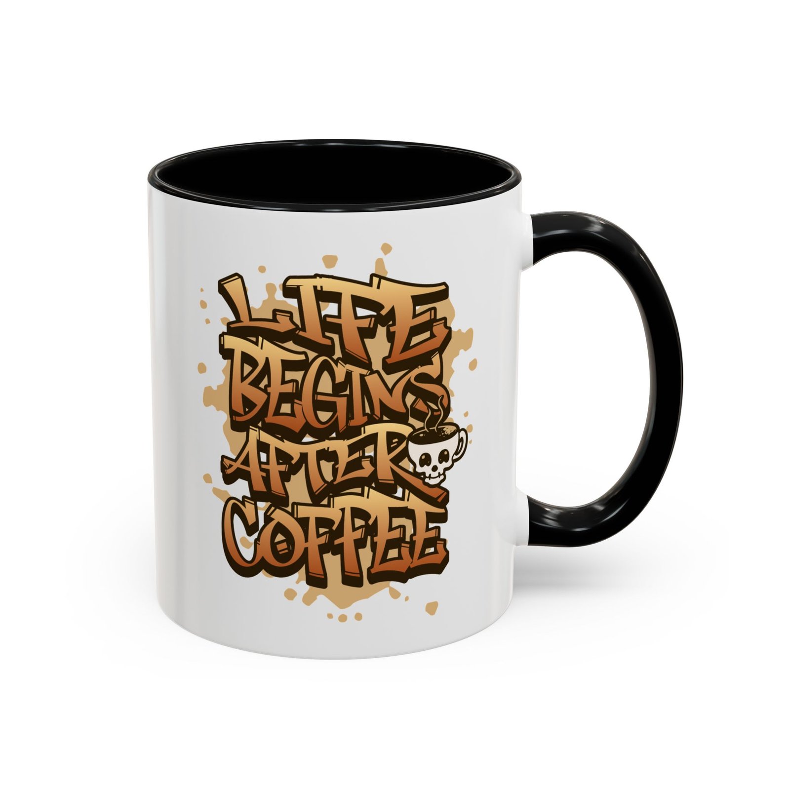 White with black handle and inside mug with graffiti Life Begins After Coffee