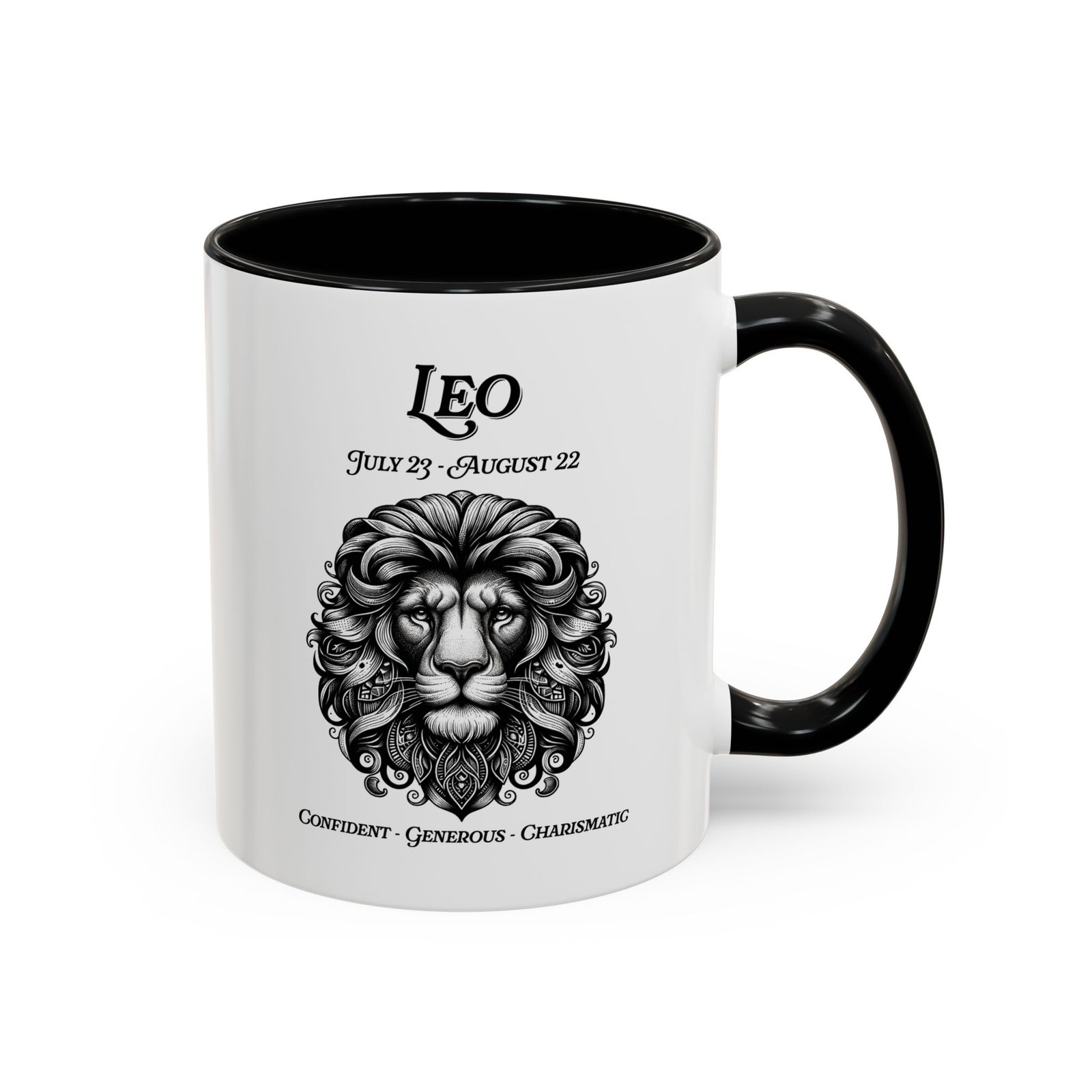 Leo zodiac sign coffee mug, white with black handle and inside