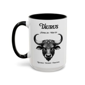 Taurus zodiac sign coffee mug, white with black handle and inside