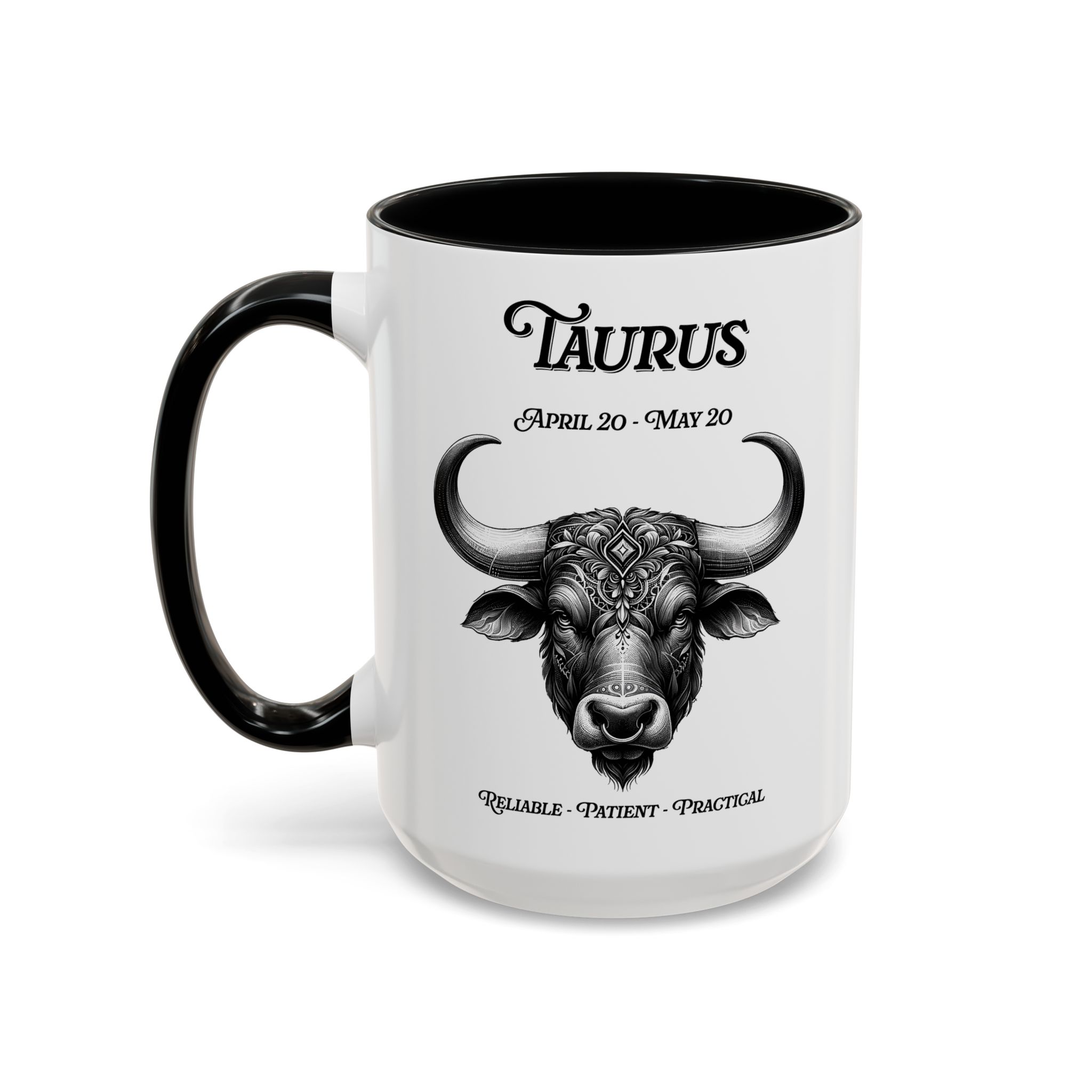 Taurus zodiac sign coffee mug, white with black handle and inside
