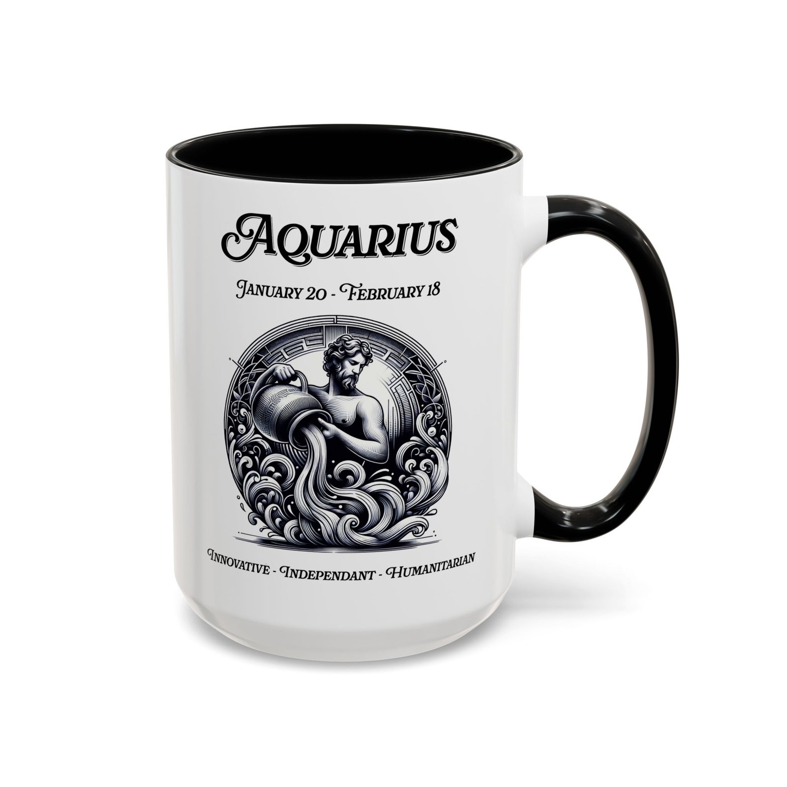 Aquarius zodiac sign coffee mug, white with black handle and inside