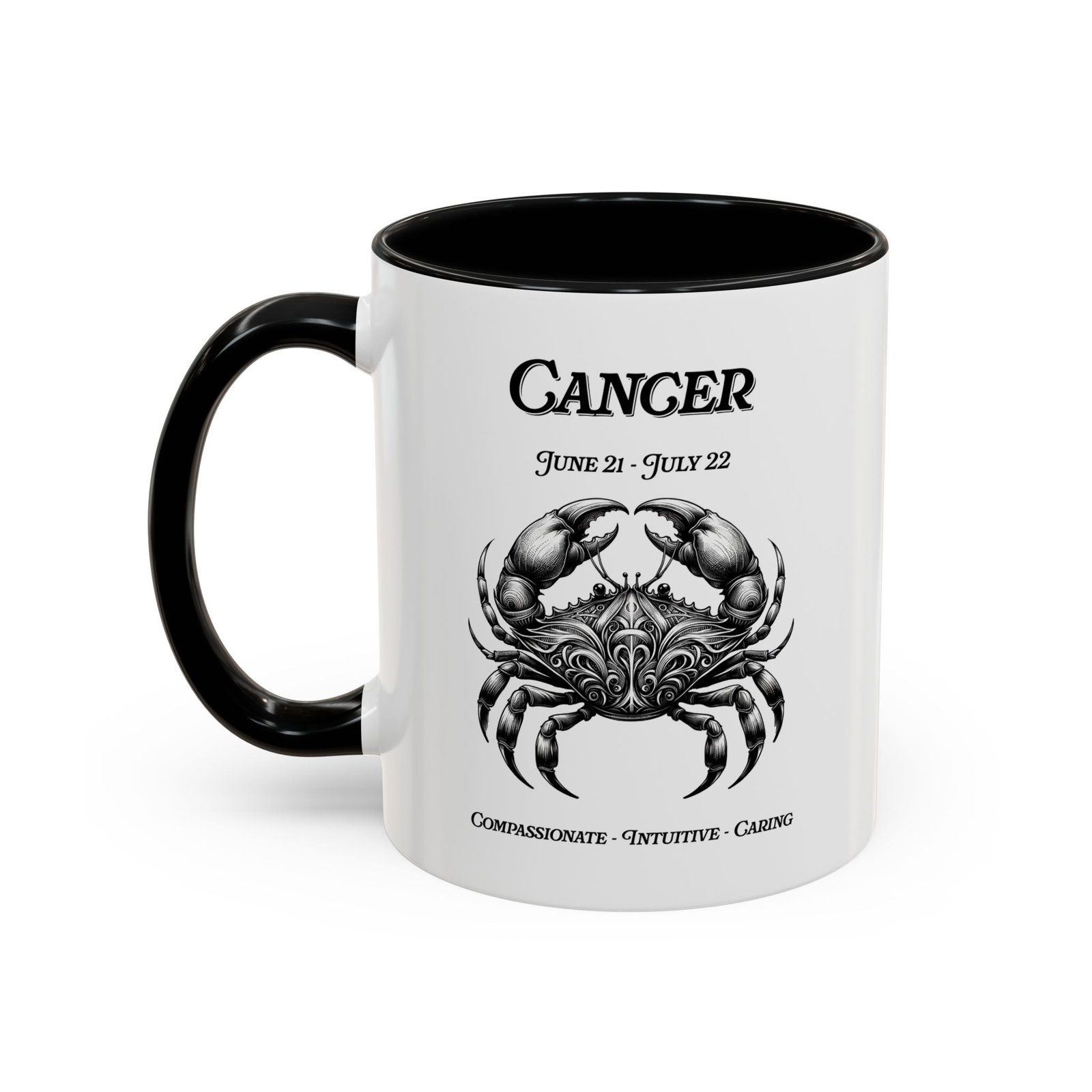 White with black handle and inside mug with Cancer crab zodiac illustration