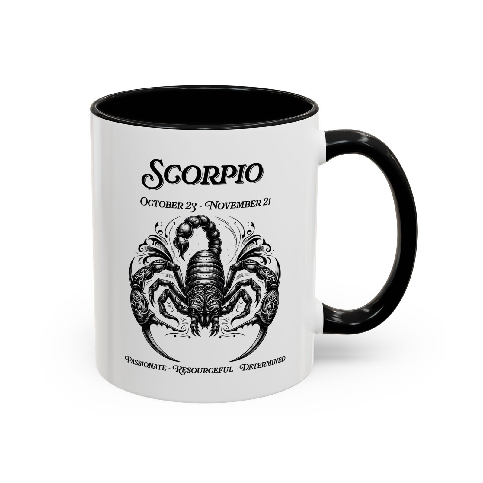 Scorpio zodiac sign coffee mug, white with black handle and inside
