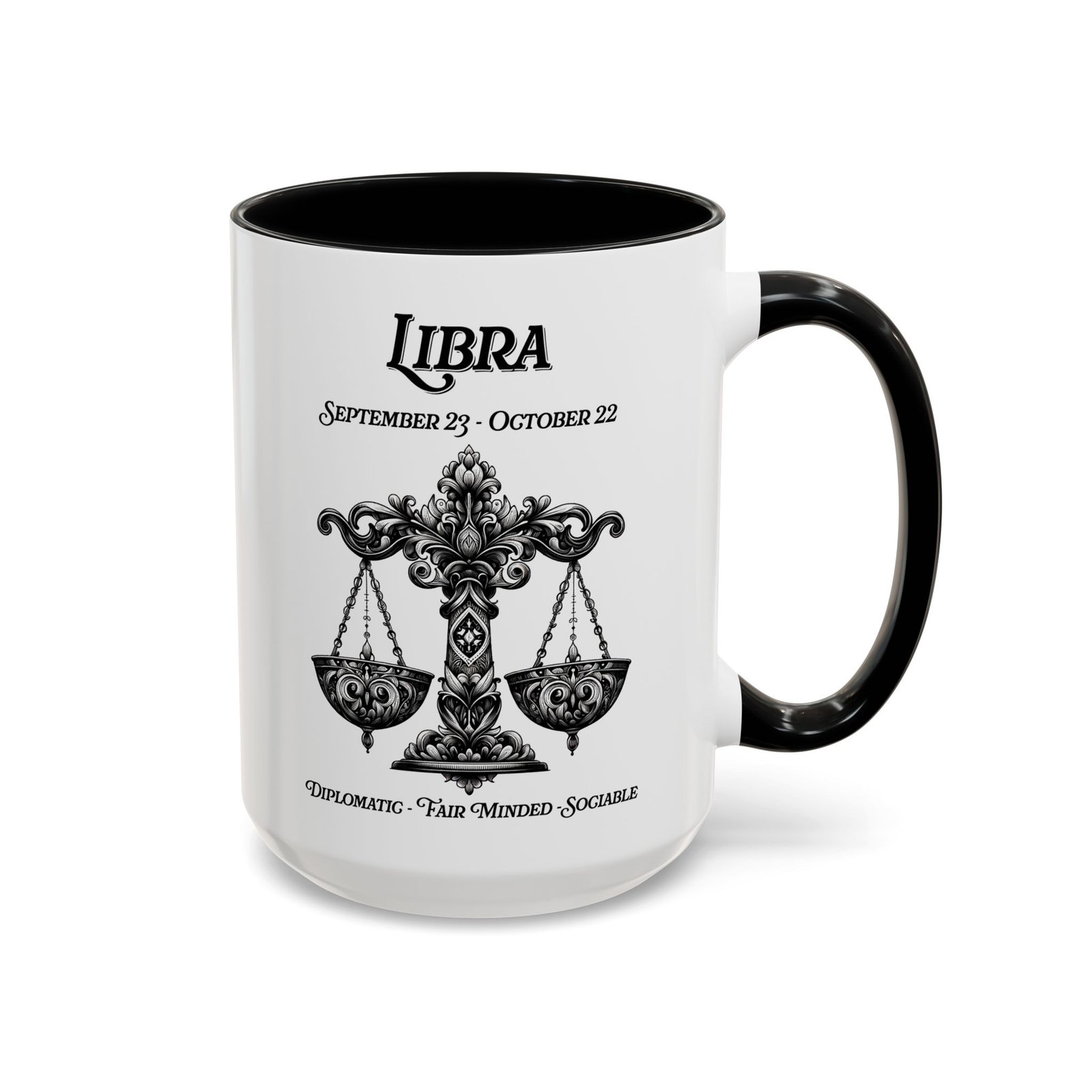 Libra zodiac sign coffee mug, white with black handle and inside