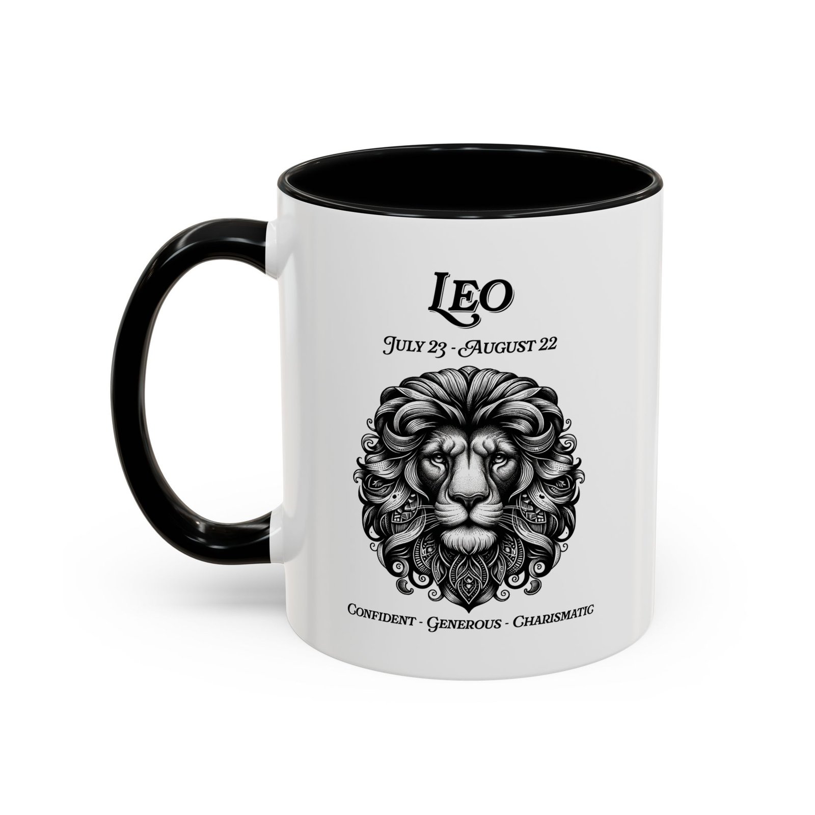 White with black handle and inside mug with Leo lion zodiac illustration