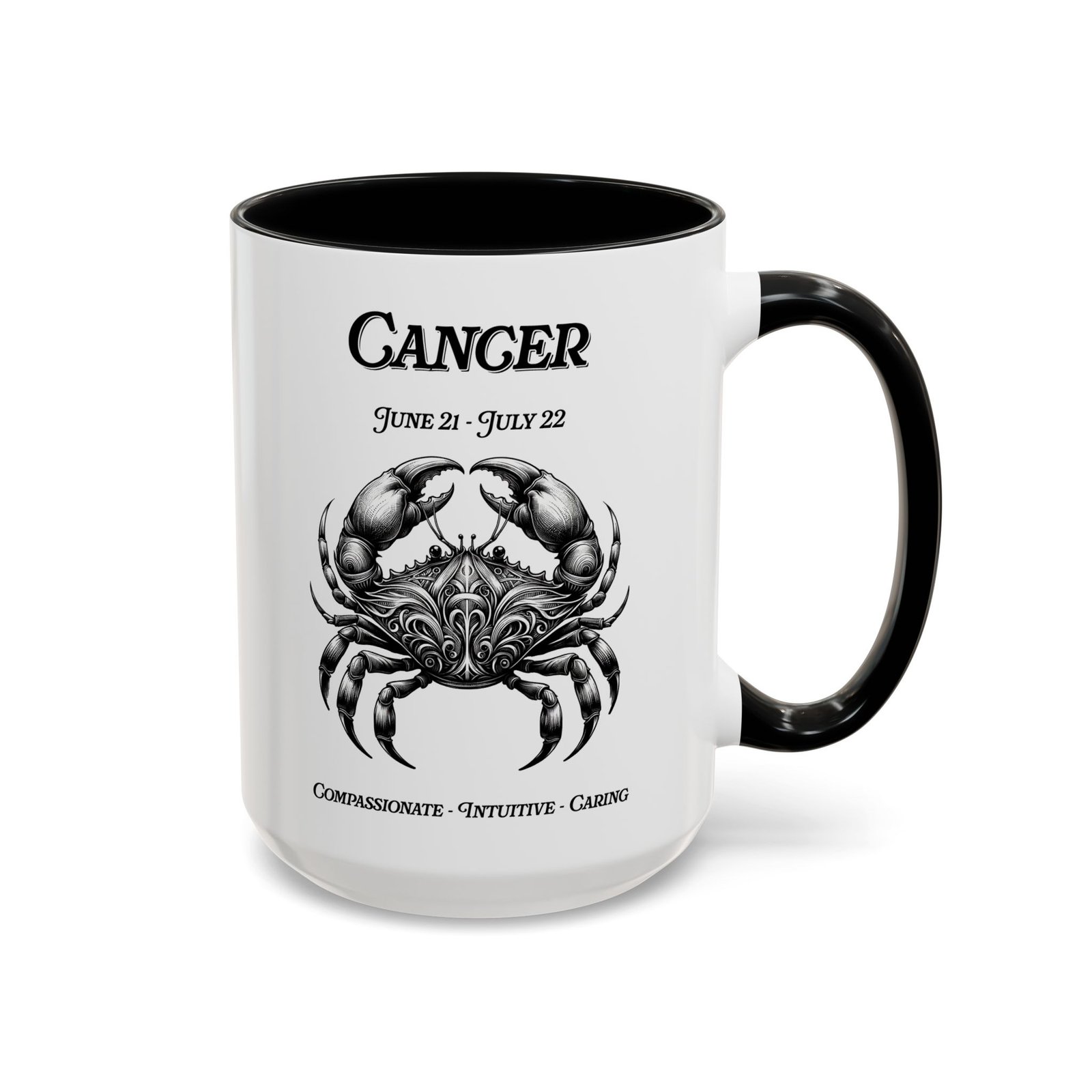 Cancer zodiac sign coffee mug, white with black handle and inside