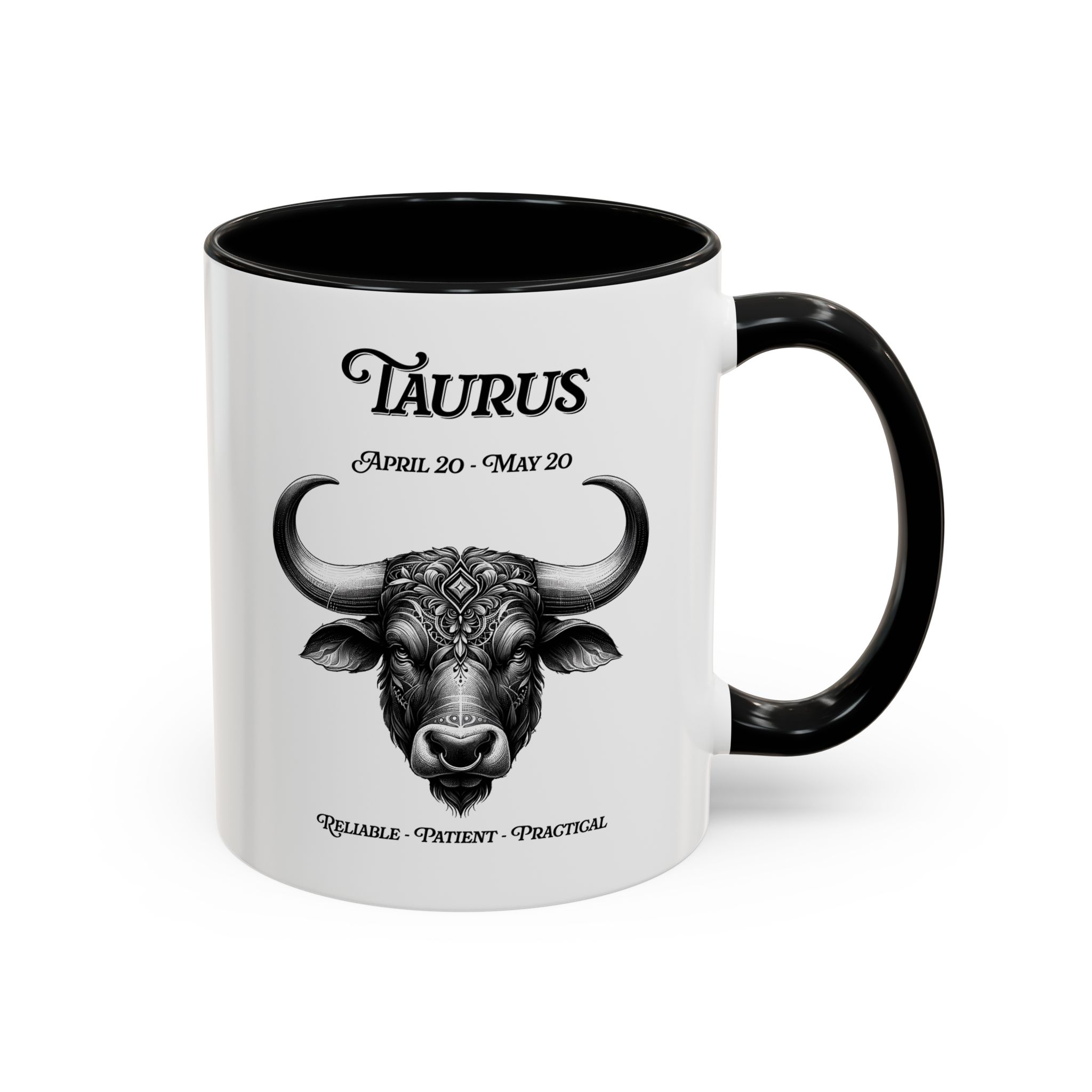 Taurus zodiac sign coffee mug, white with black handle and inside