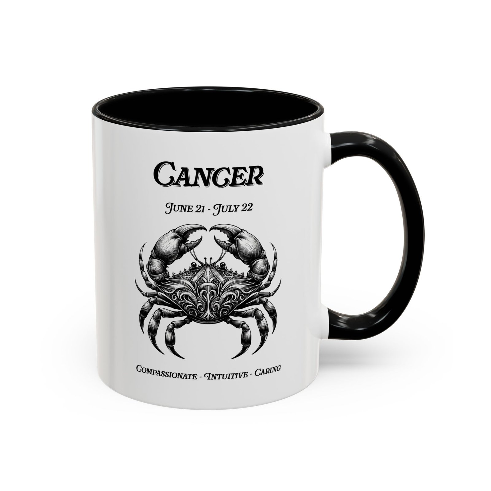 Cancer zodiac sign coffee mug, white with black handle and inside