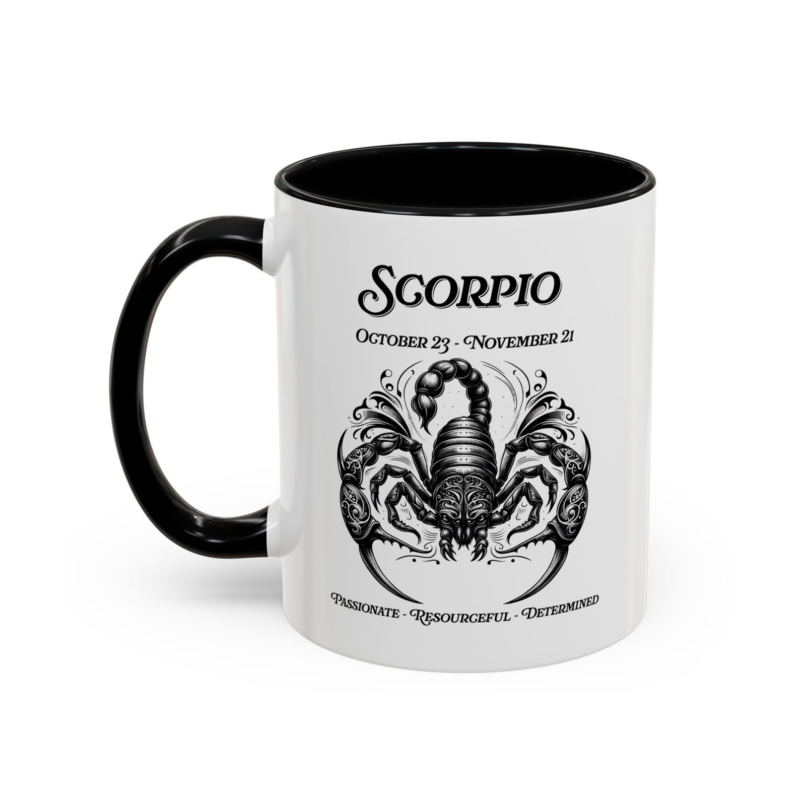 White with black handle and inside mug with Scorpio scorpion zodiac illustration
