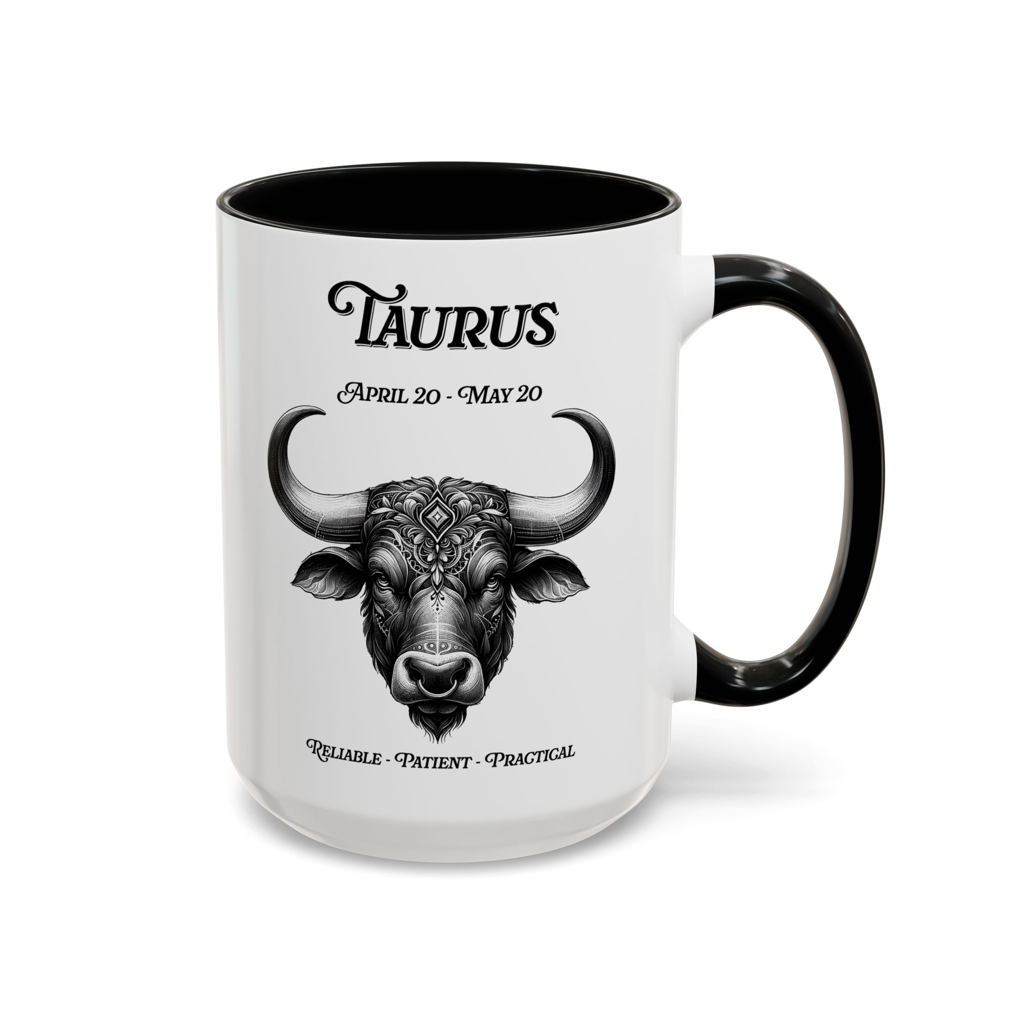 Taurus zodiac sign coffee mug, white with black handle and inside