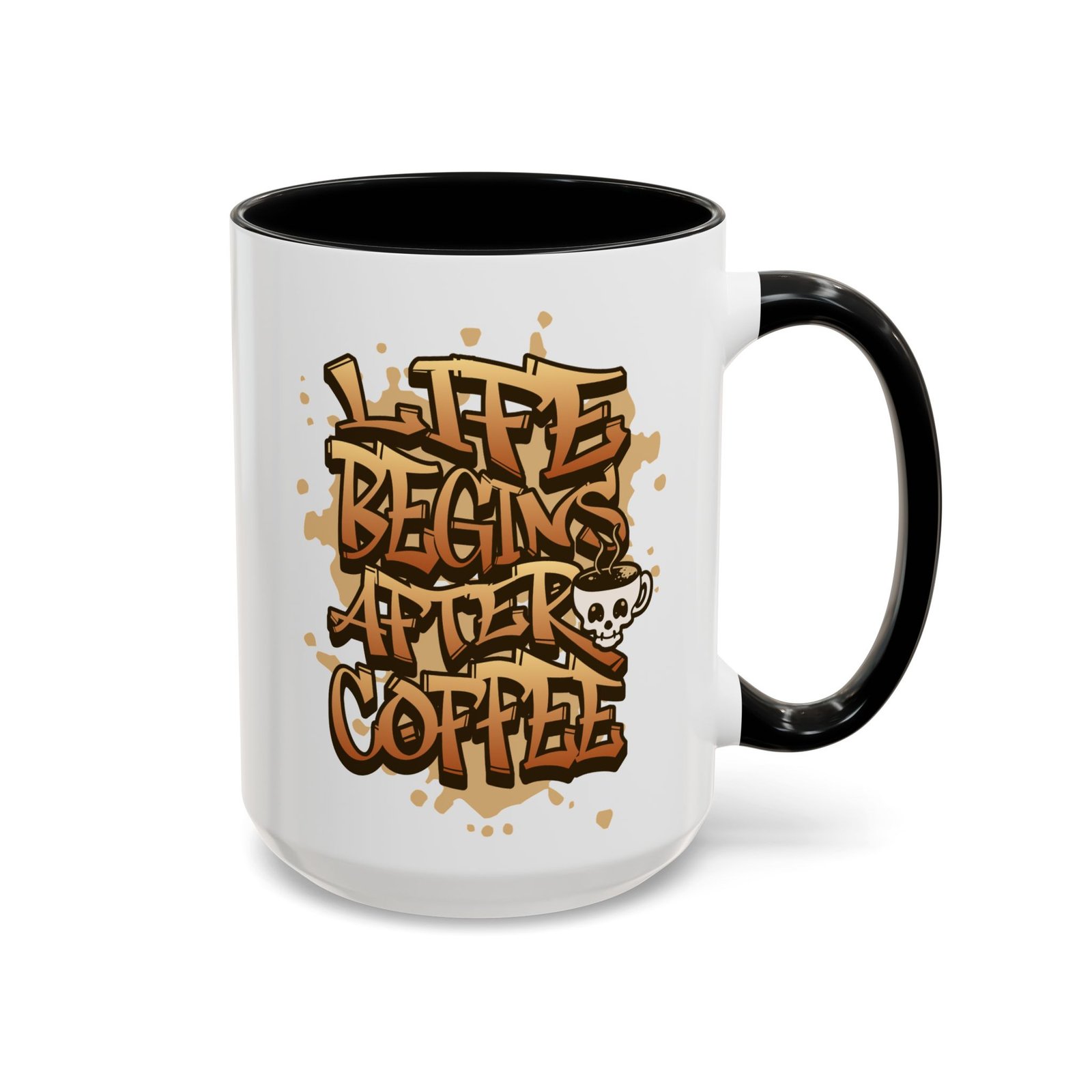 Life Begins After Coffee mug, white with black handle and inside