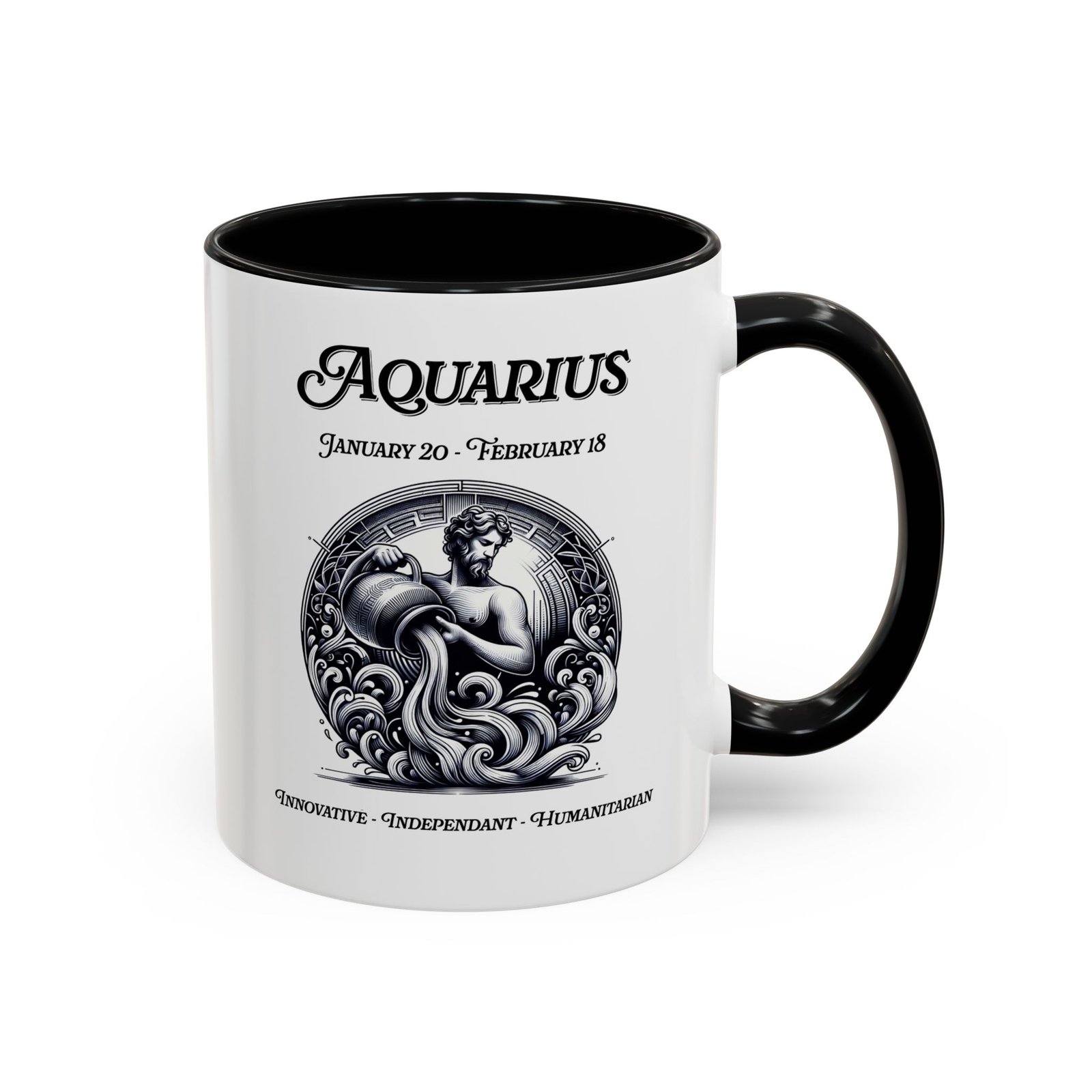 Aquarius zodiac sign coffee mug, white with black handle and inside