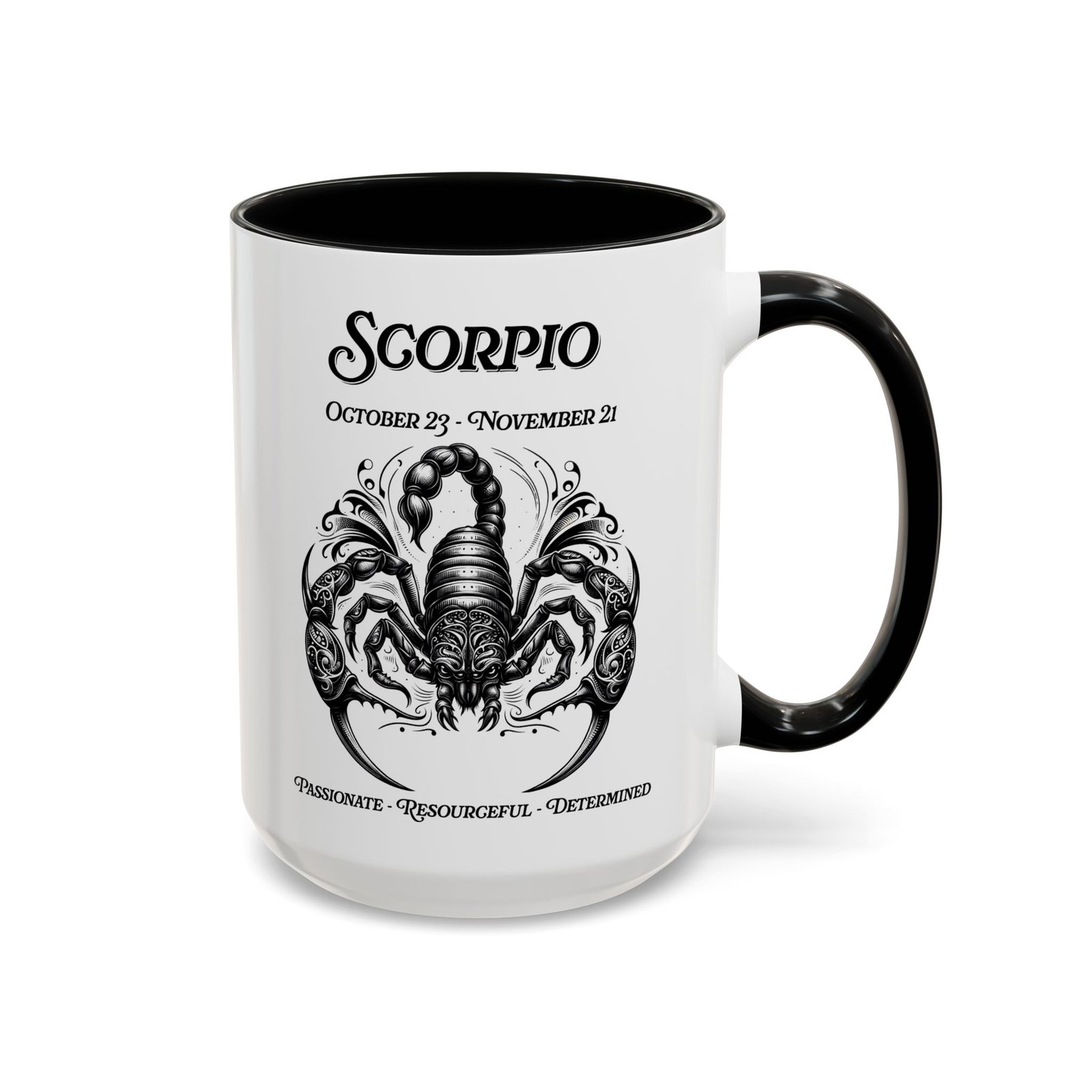 Scorpio zodiac sign coffee mug, white with black handle and inside