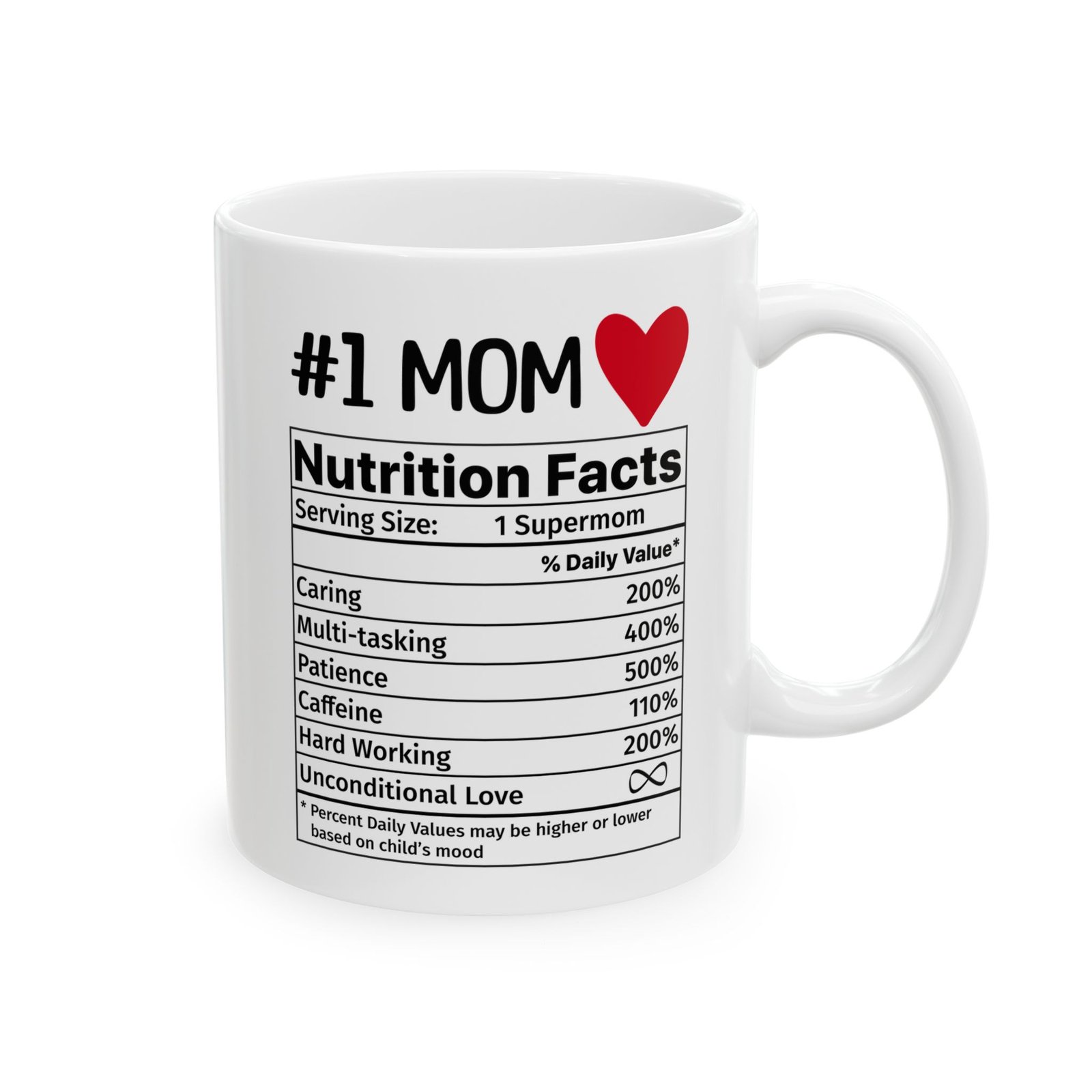 White ceramic mug with #1 Mom nutrition facts label