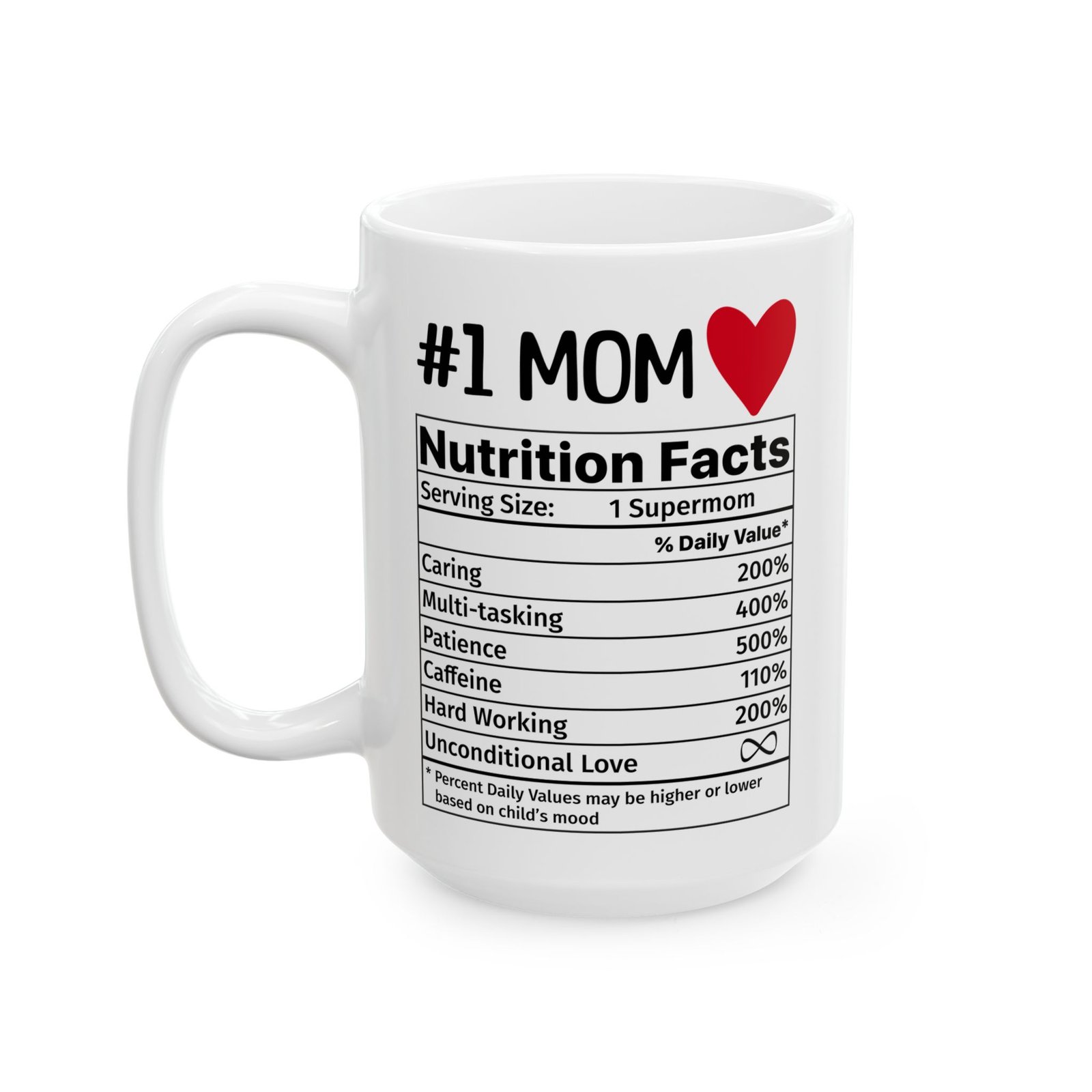 #1 Mom nutrition facts mug, white ceramic