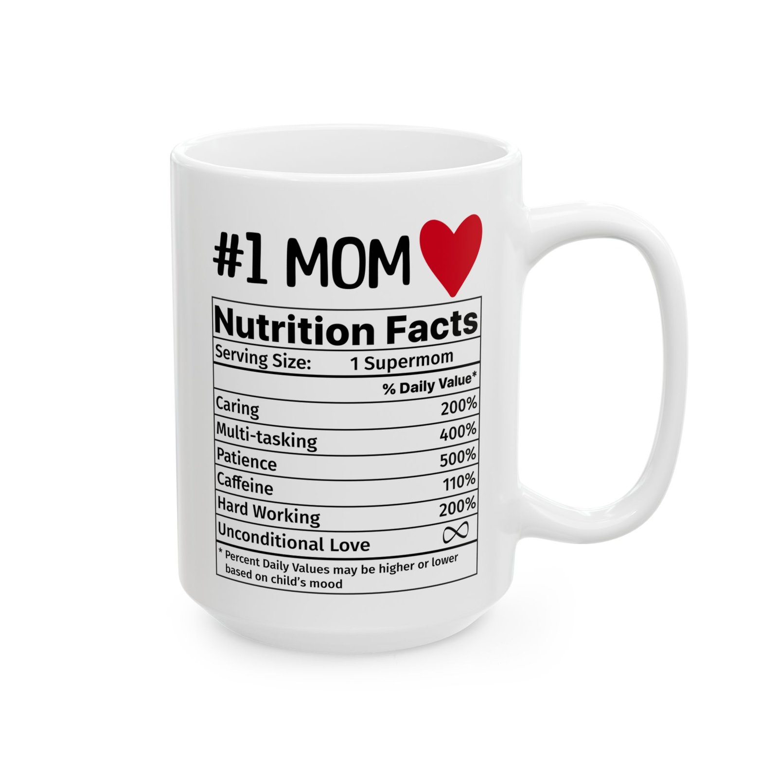 #1 Mom nutrition facts mug, white ceramic