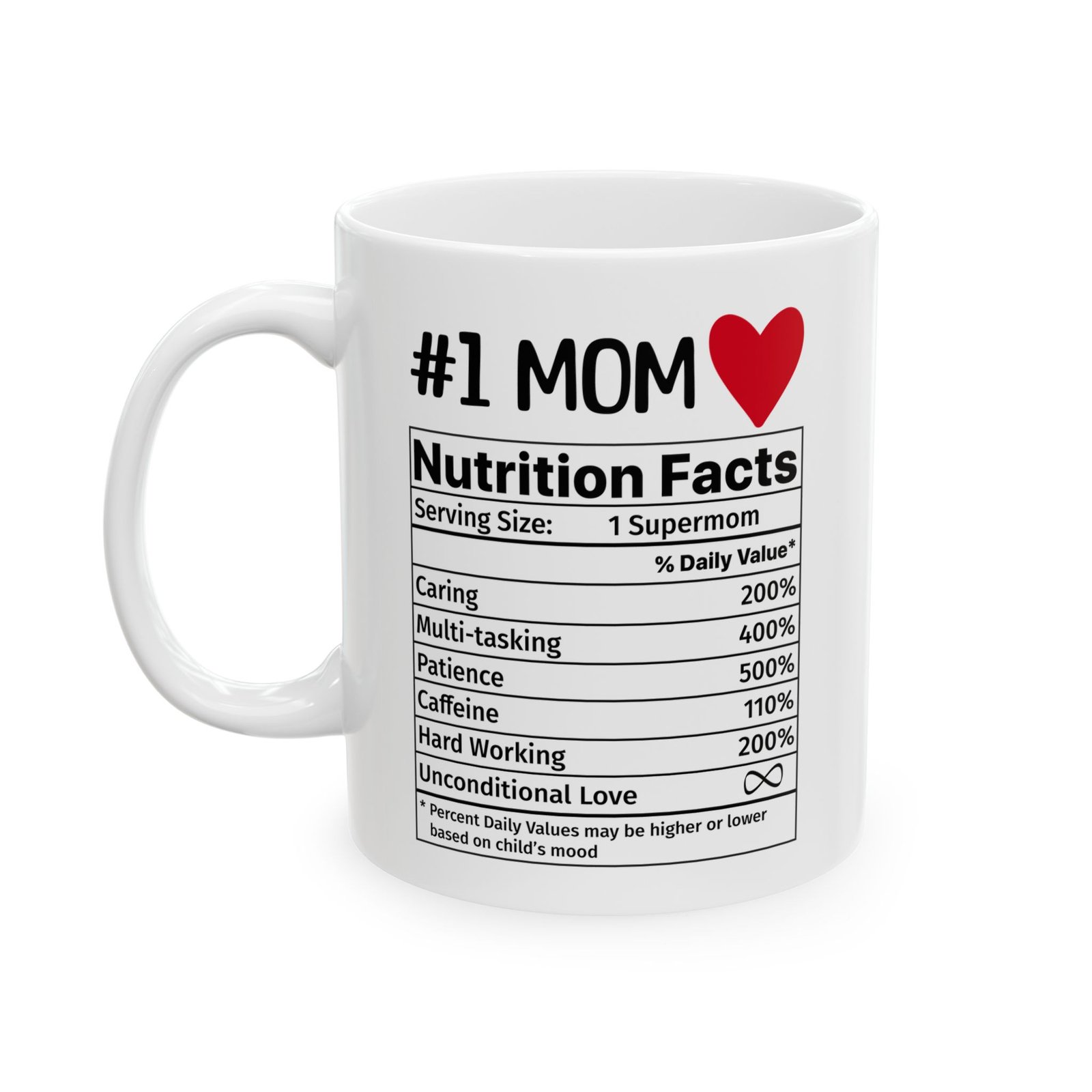 #1 Mom nutrition facts mug, white ceramic