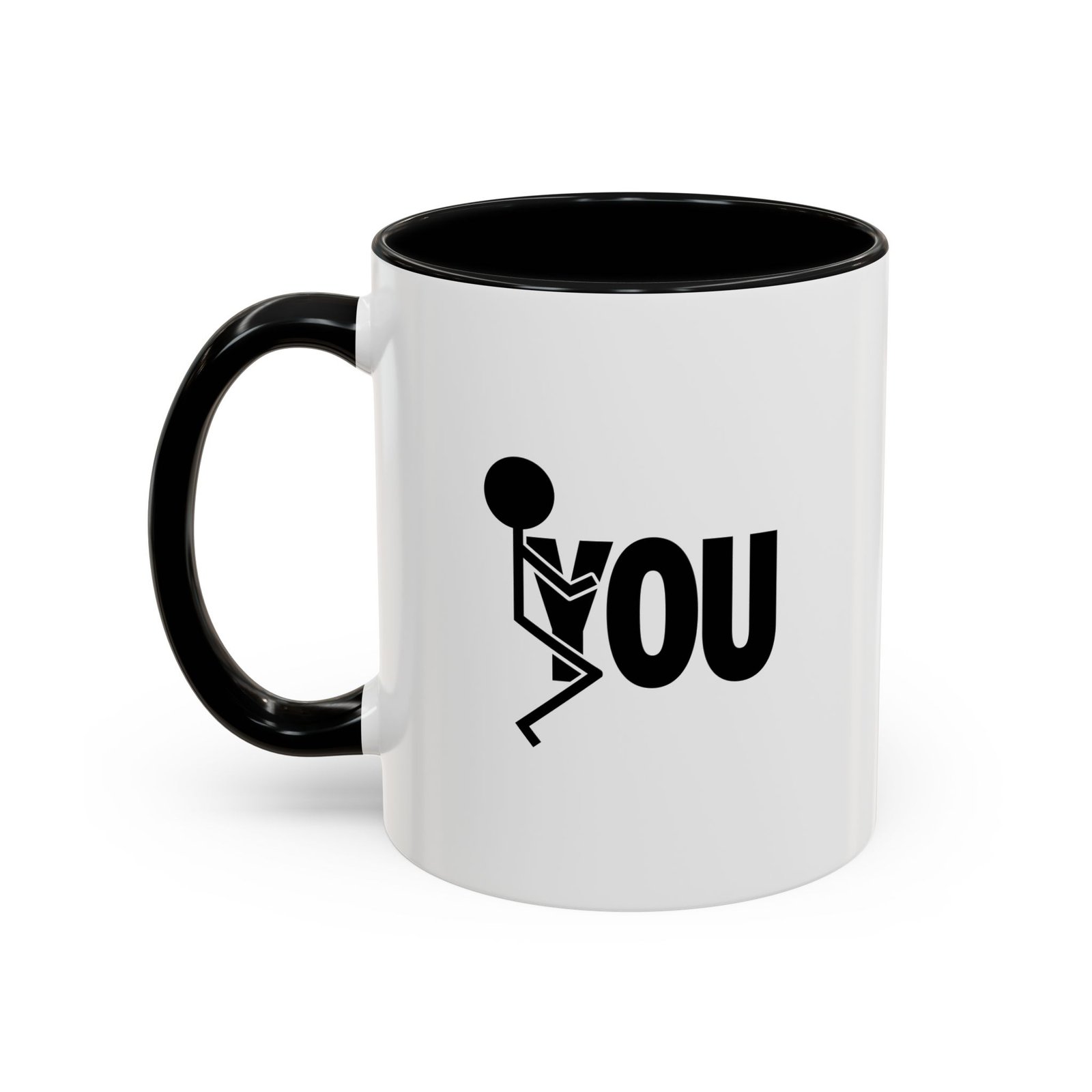 White with black handle and inside mug with stick figure F You