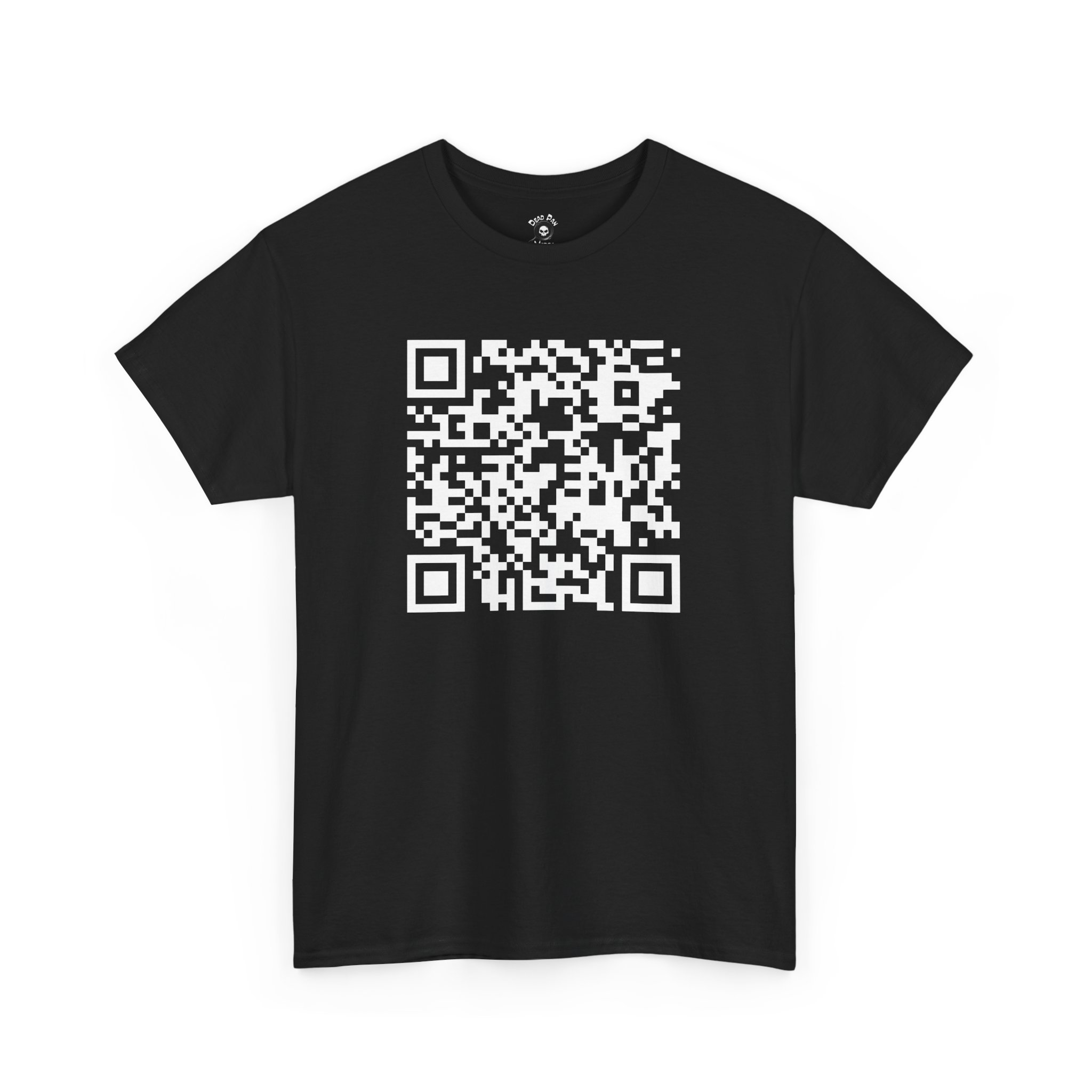 Black T-shirt featuring a large QR code that leads to a humorous webpage with the text 'We've been trying to contact you about your car's warranty!'