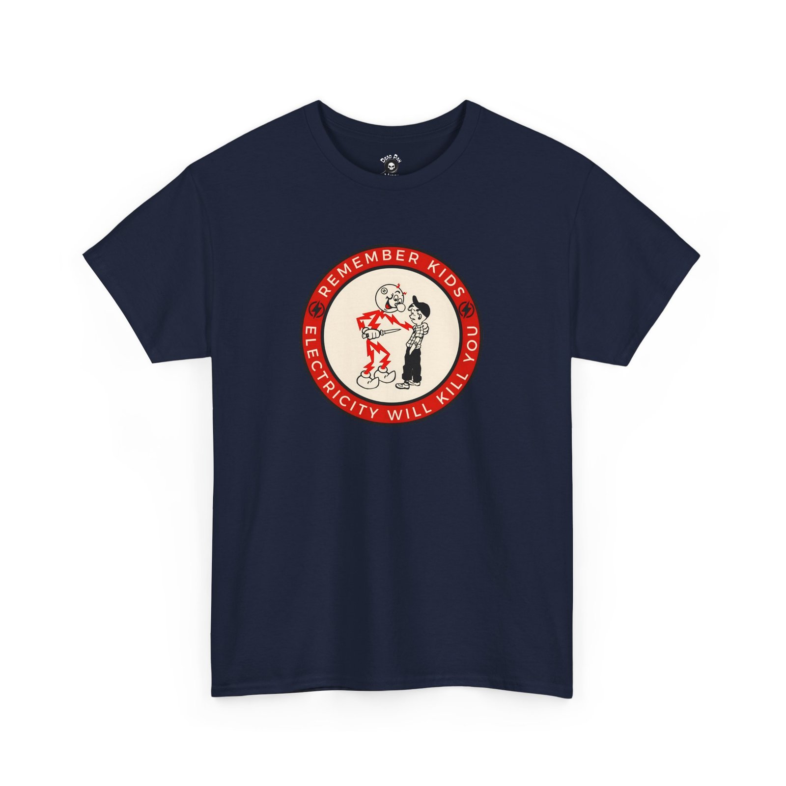 Navy T-shirt with retro electricity safety badge