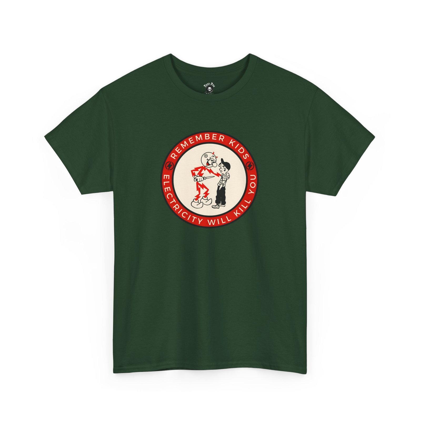 Forest green T-shirt with retro electricity safety badge