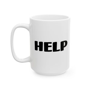 HELP minimalist funny coffee mug, white ceramic