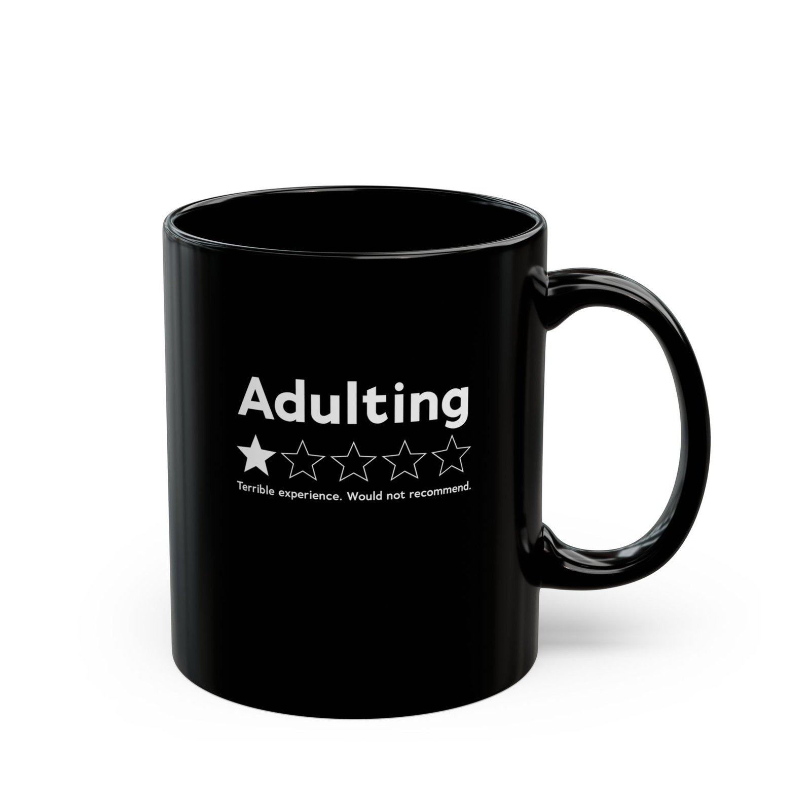 Black ceramic mug with one star review