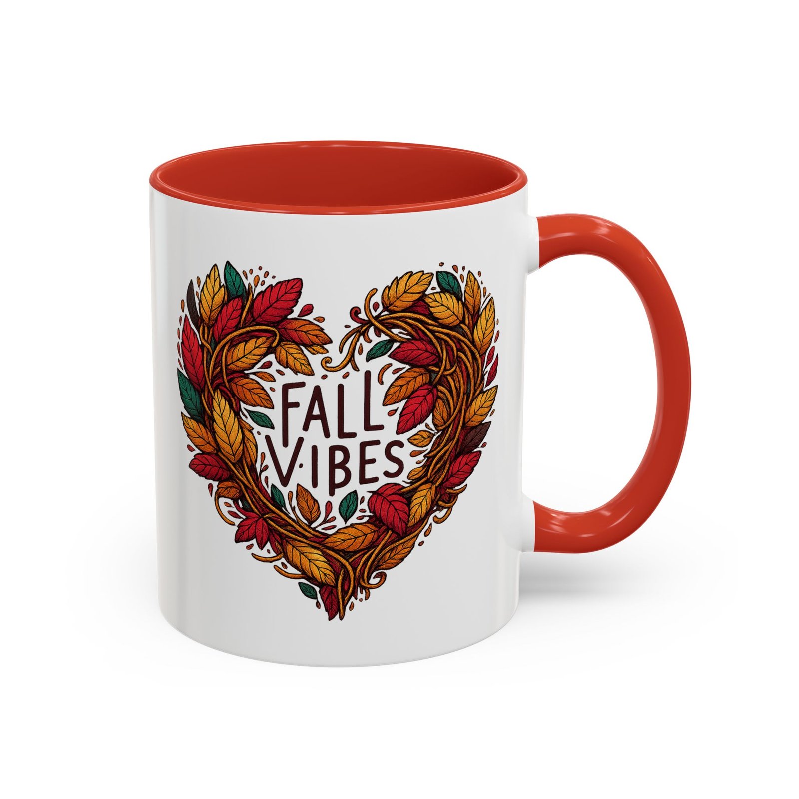 White with colored handle and inside mug with heart of fall leaves