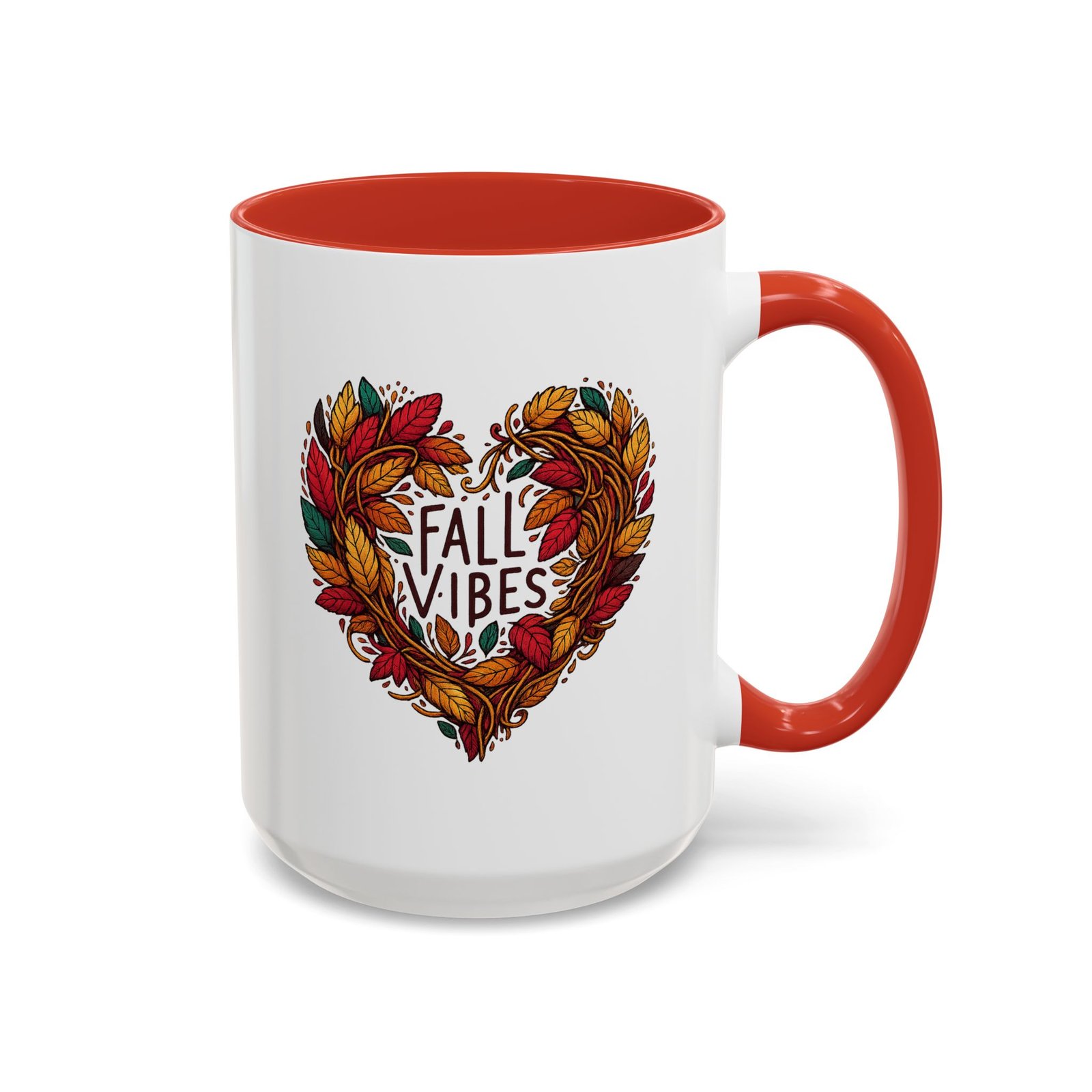 White with colored handle and inside mug with heart of fall leaves