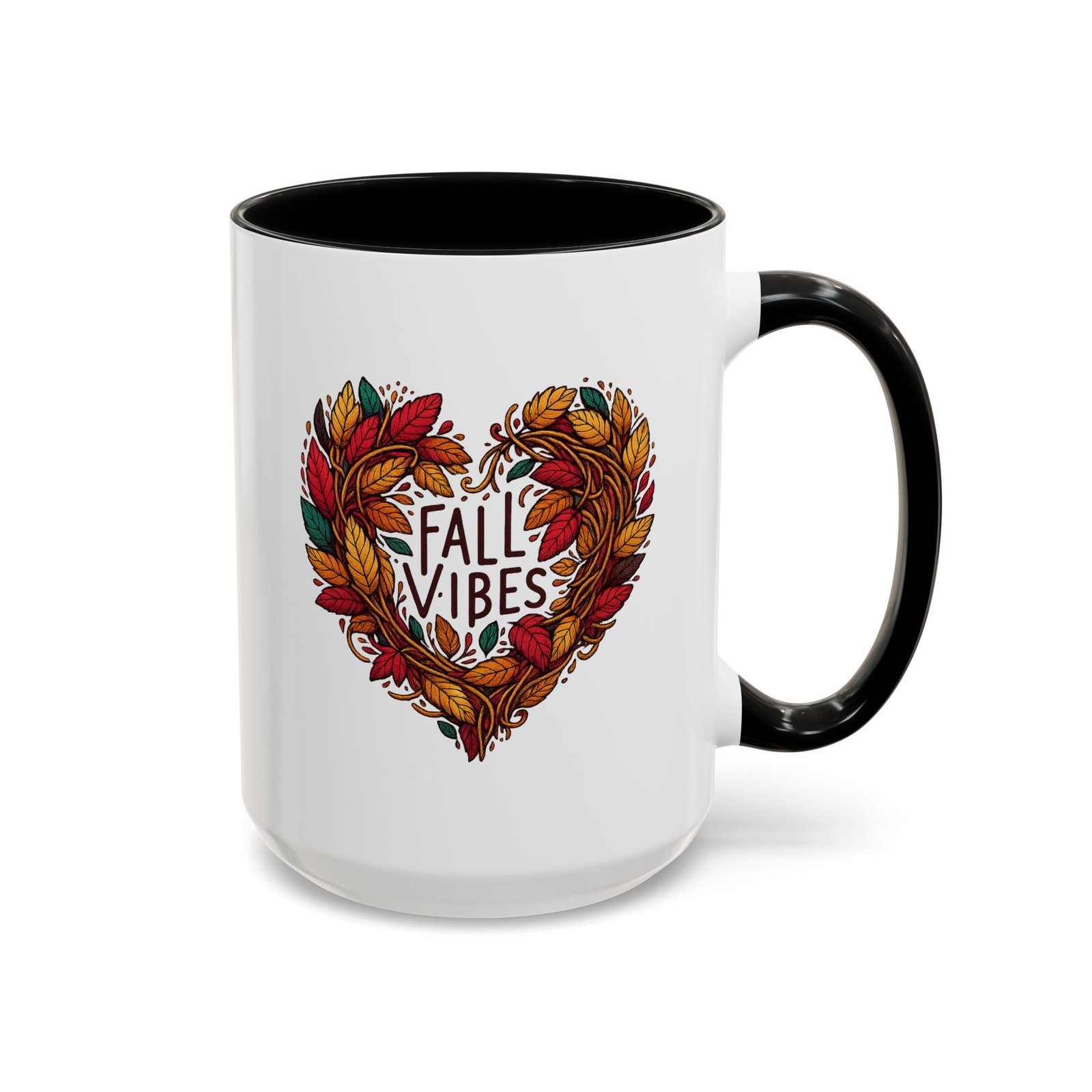 White with colored handle and inside mug with heart of fall leaves