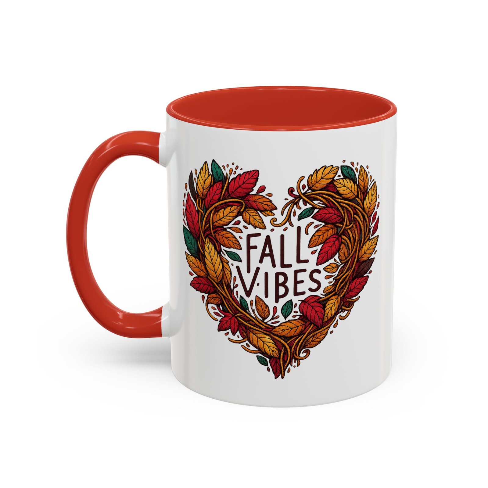 White with colored handle and inside mug with heart of fall leaves