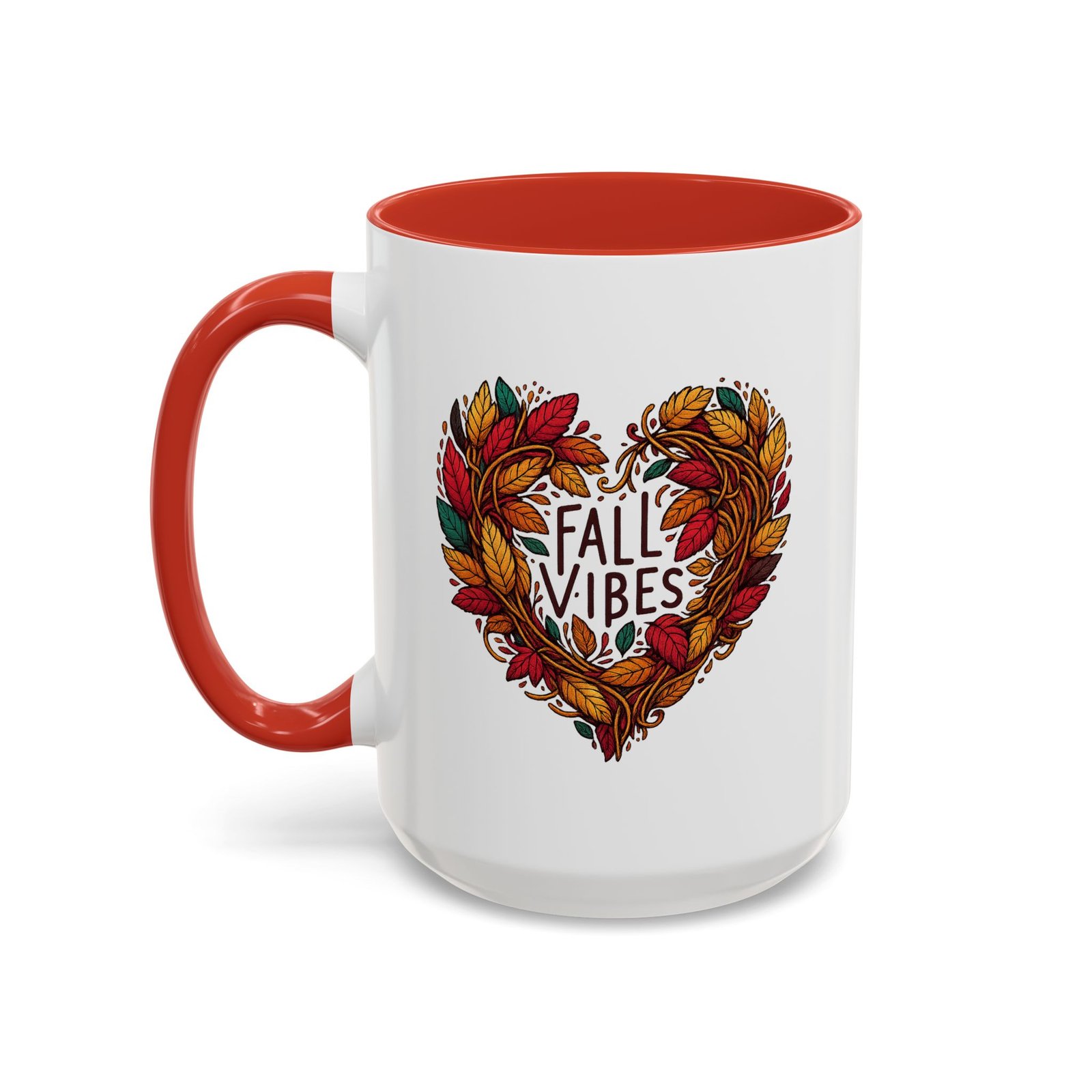 White with colored handle and inside mug with heart of fall leaves