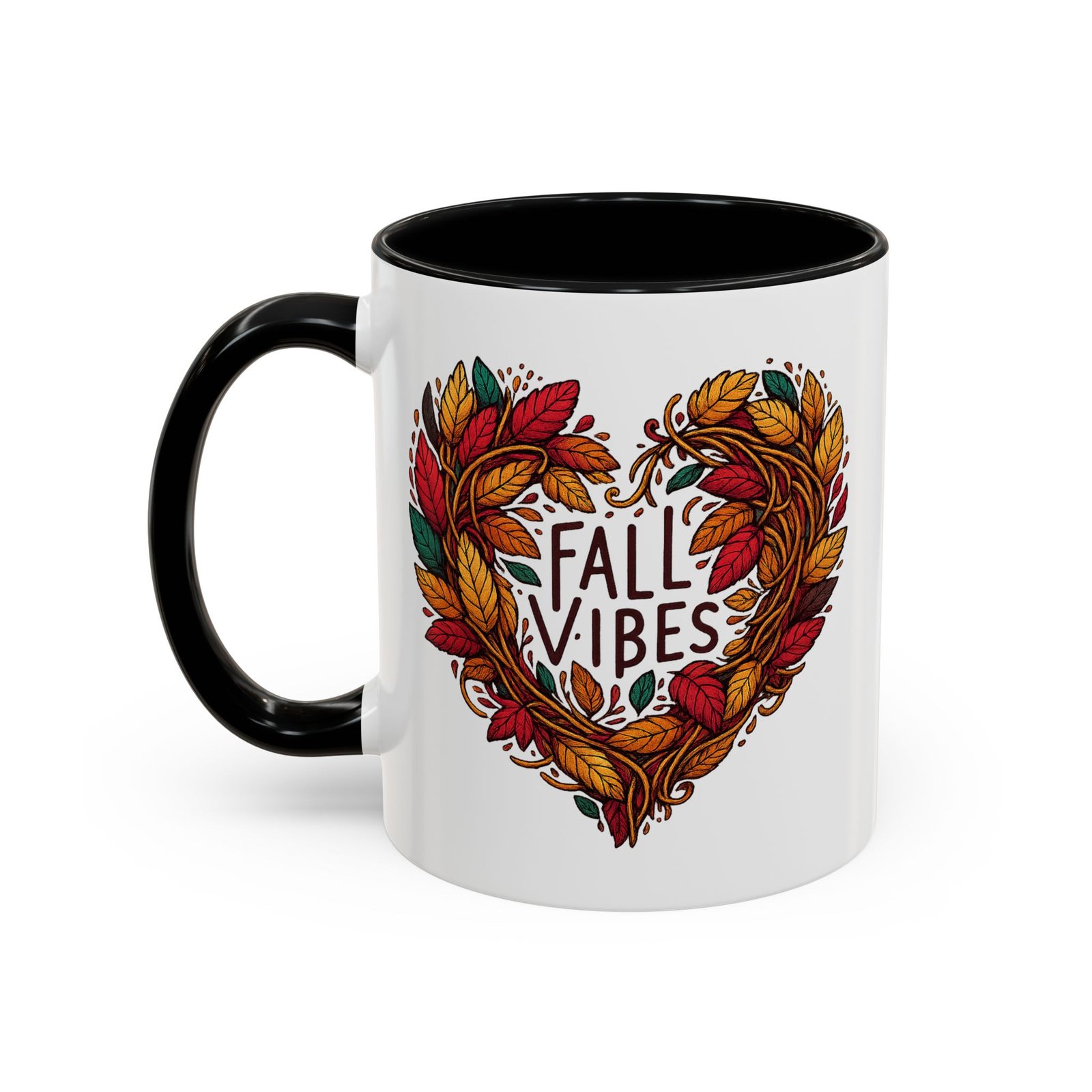 White with colored handle and inside mug with heart of fall leaves