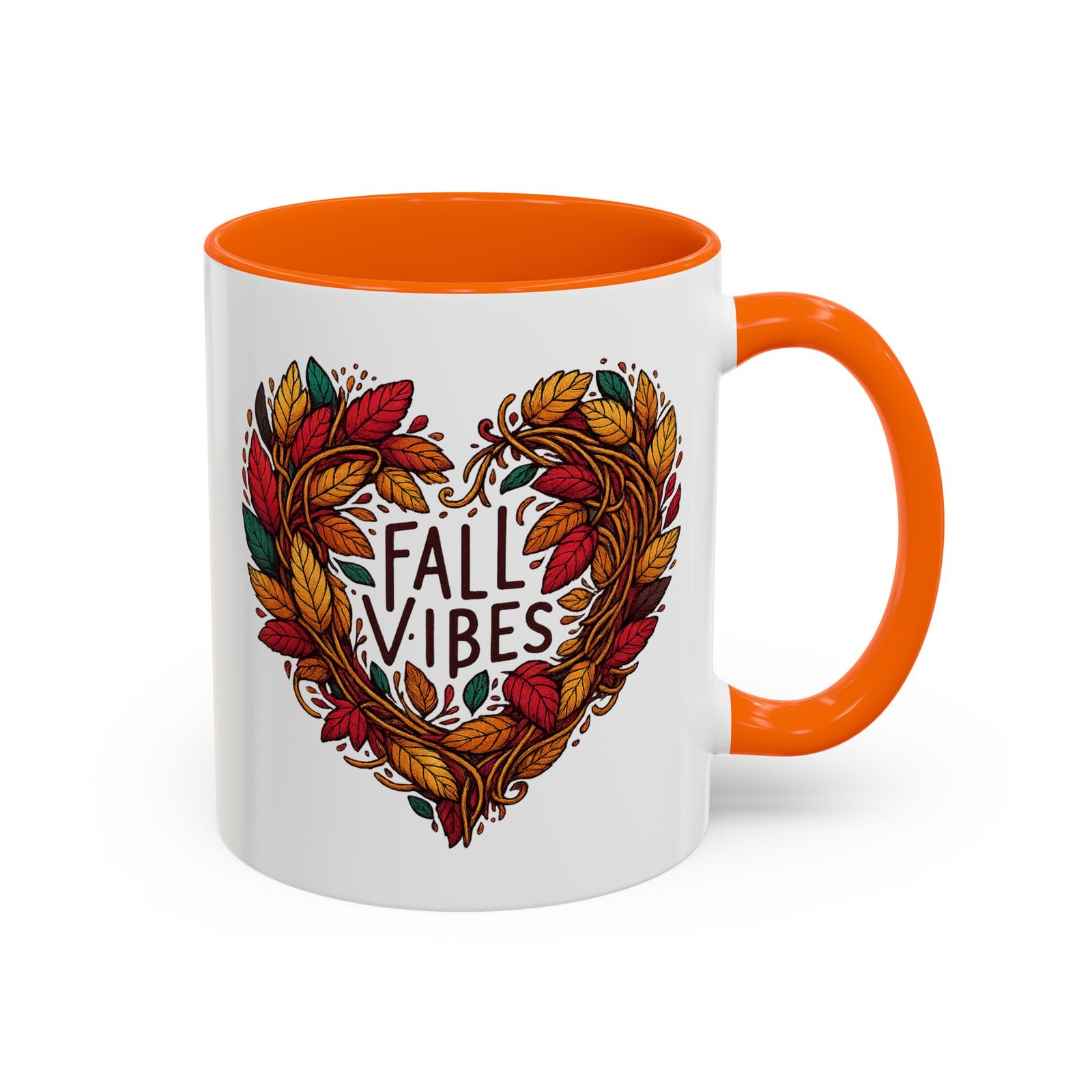 White with colored handle and inside mug with heart of fall leaves