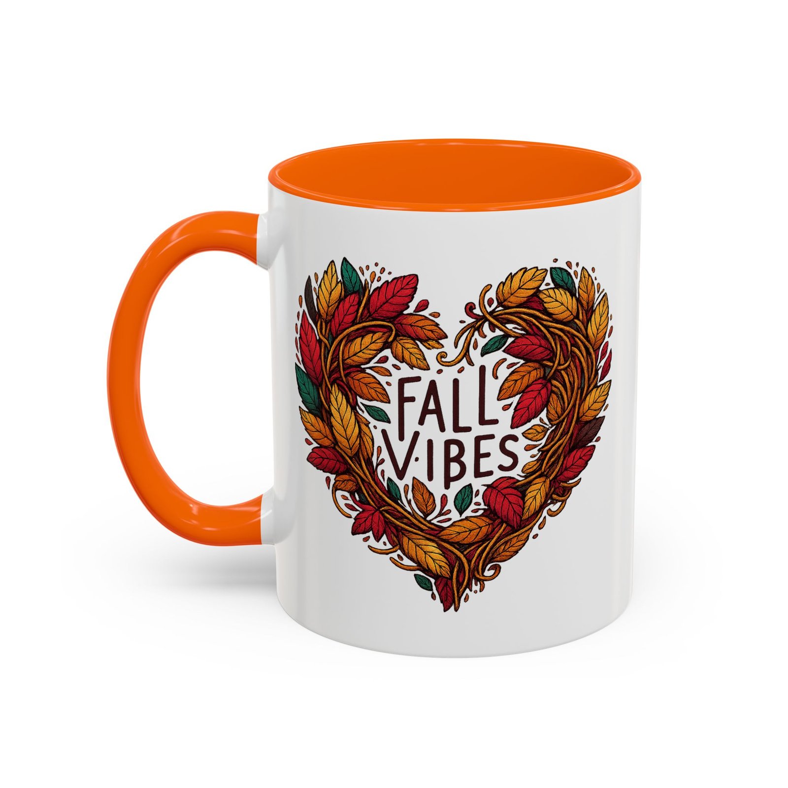 White with colored handle and inside mug with heart of fall leaves
