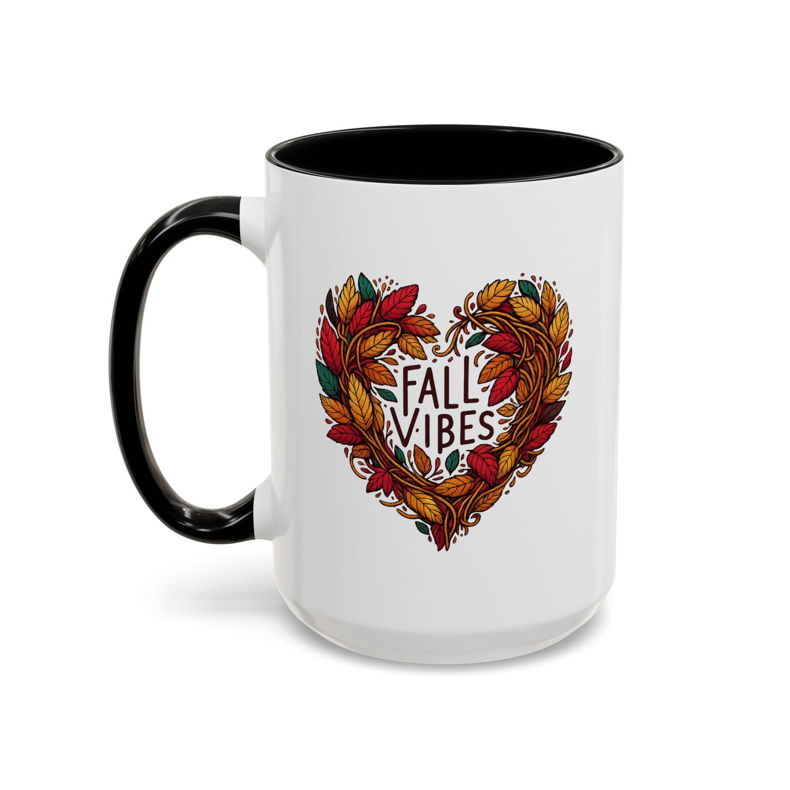 Fall Vibes heart coffee mug, white with colored handle and inside