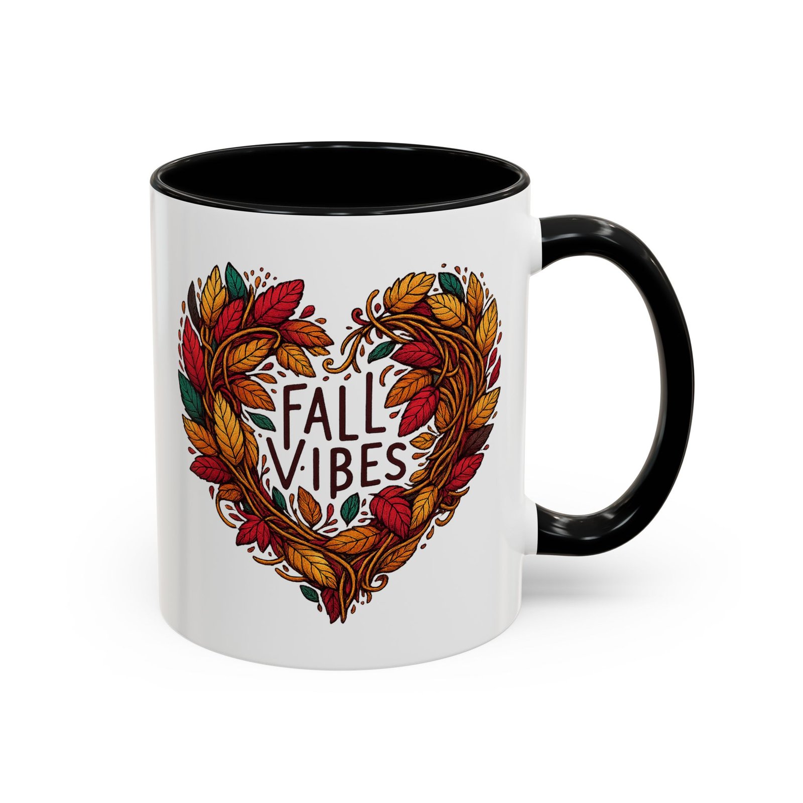 White with colored handle and inside mug with heart of fall leaves