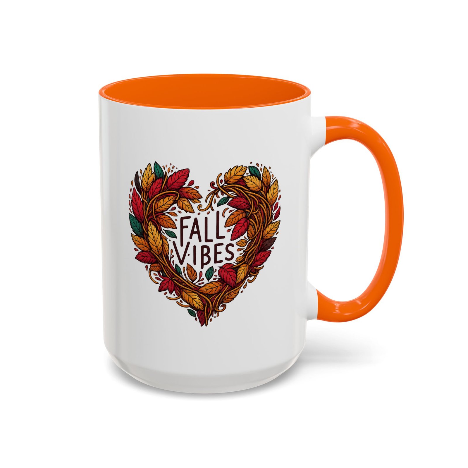 Fall Vibes heart coffee mug, white with colored handle and inside