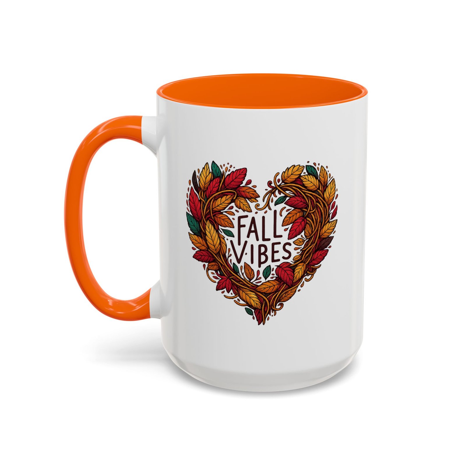 Fall Vibes heart coffee mug, white with colored handle and inside