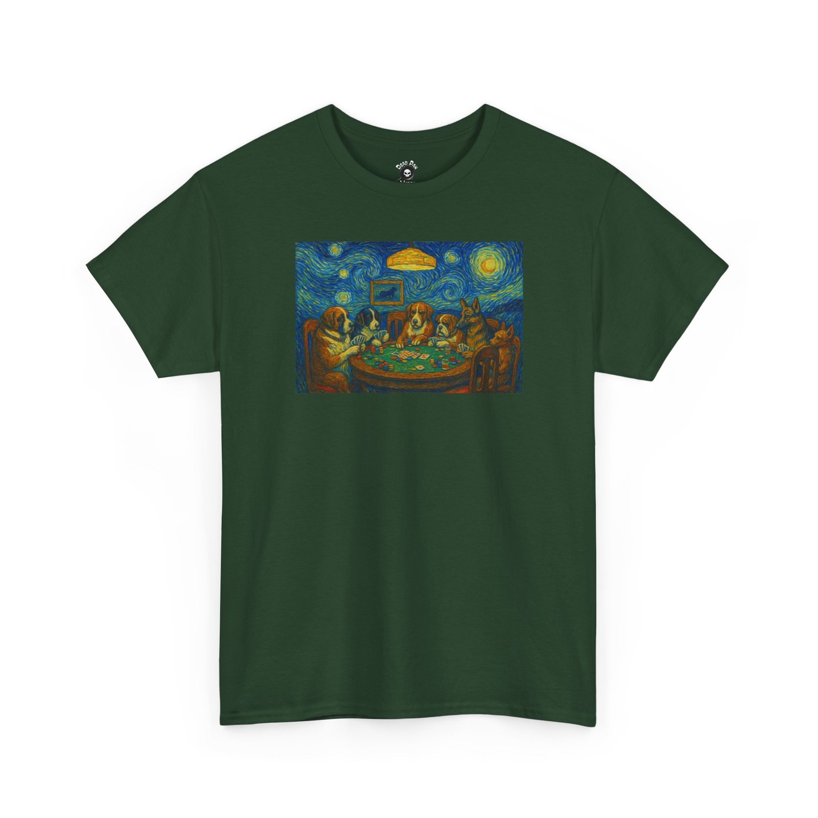 Forest green crewneck tee with a painted starry-sky card table scene